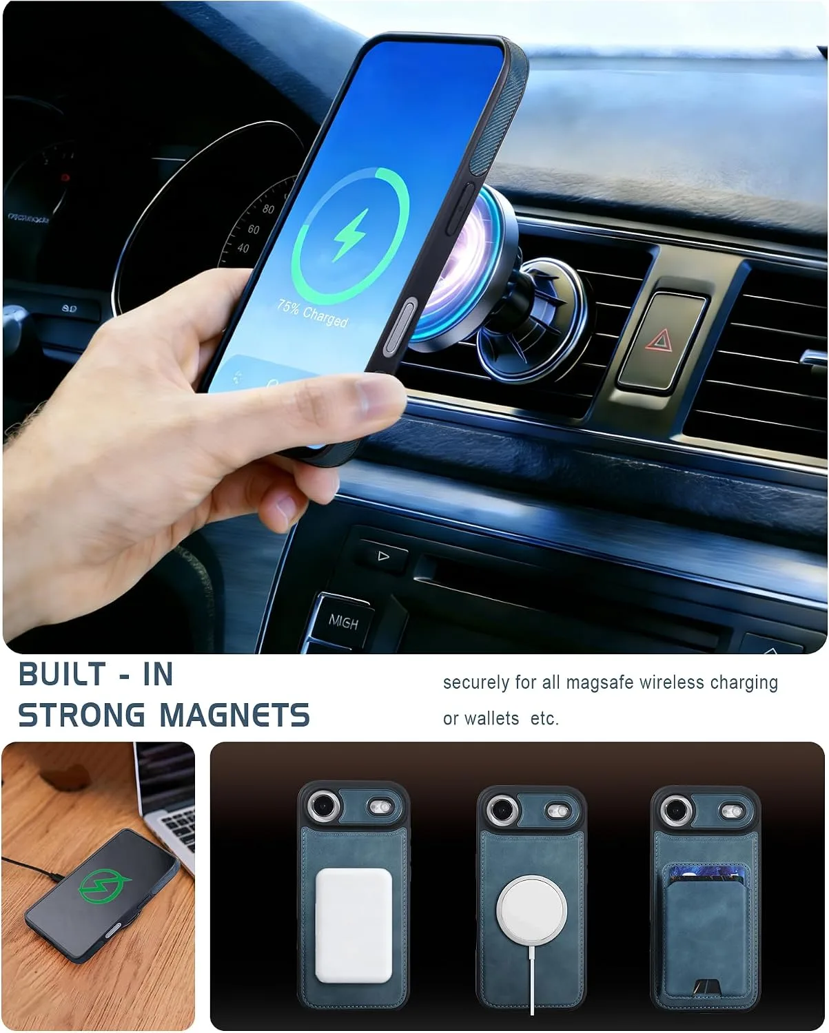 Magnetic Detachable Wallet Case for iPhone 17 Air with Kickstand,2-in-1 MagSafe Compatible RFID Blocking Card Holder,Slim PU Leather Cover Blue