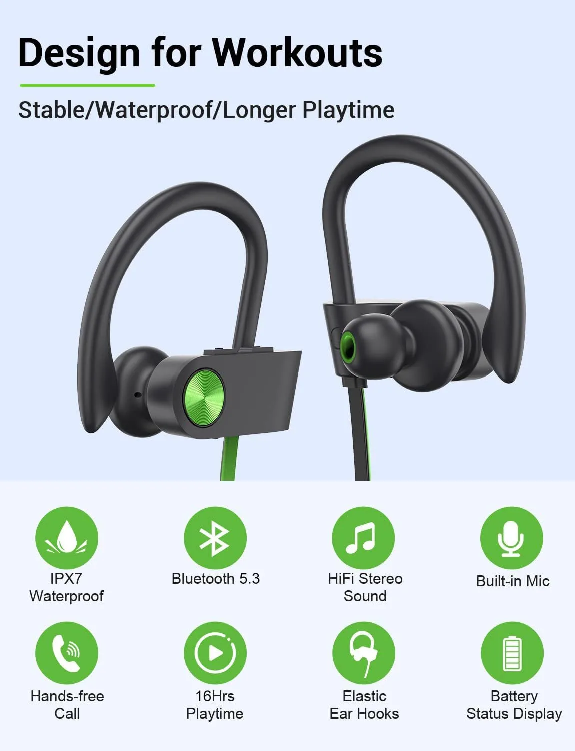 Bluetooth 5.3 Headphones, Wireless Sports In-Ear Earbuds IPX7 Waterproof