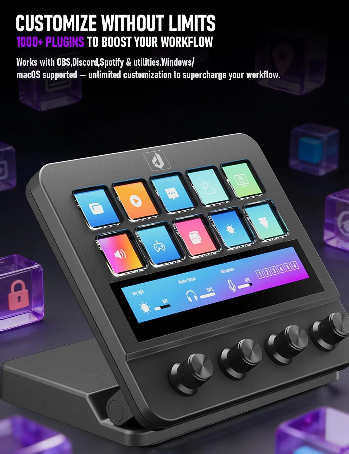Stream Control Deck 10 Programmable Macro Keyboard 4 Knob Stream Controller 0-60° Adjustable LCD Macro Pad Wired Shortcut Keyboard for Streamers/Content Creators/Office Compatible with Windows /macOS