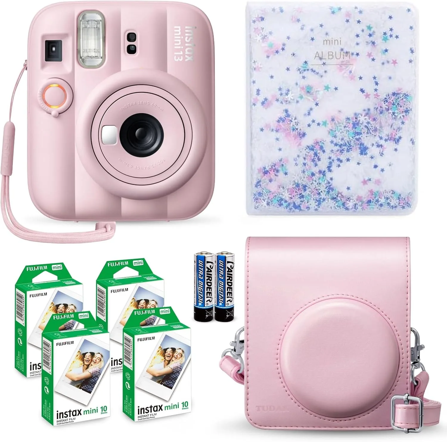 Fujifilm Instax Mini 13 Instant Camera Candy Pink + Fuji Film Value Pack (40 Sheets) + Tudak Accessories Bundle, Incl. Compatible Carrying Case, Quicksand Beads Photo Album 64 Pockets