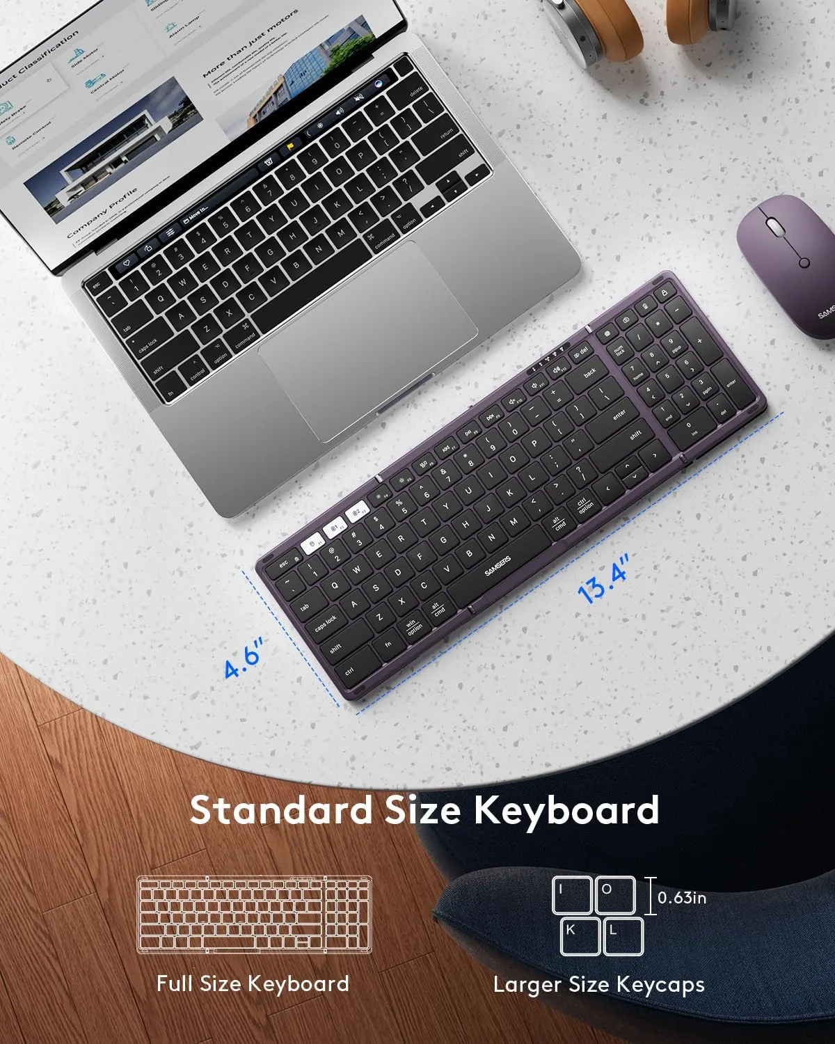 Foldable Keyboard and Mouse, Samsers Folding Bluetooth Keyboard Combo, 2.4G + BT5.0 x 2, Full-Size Portable Travel Keyboard & Rechargeable Wireless Mouse for Windows Android iOS Mac OS, Misty Purple