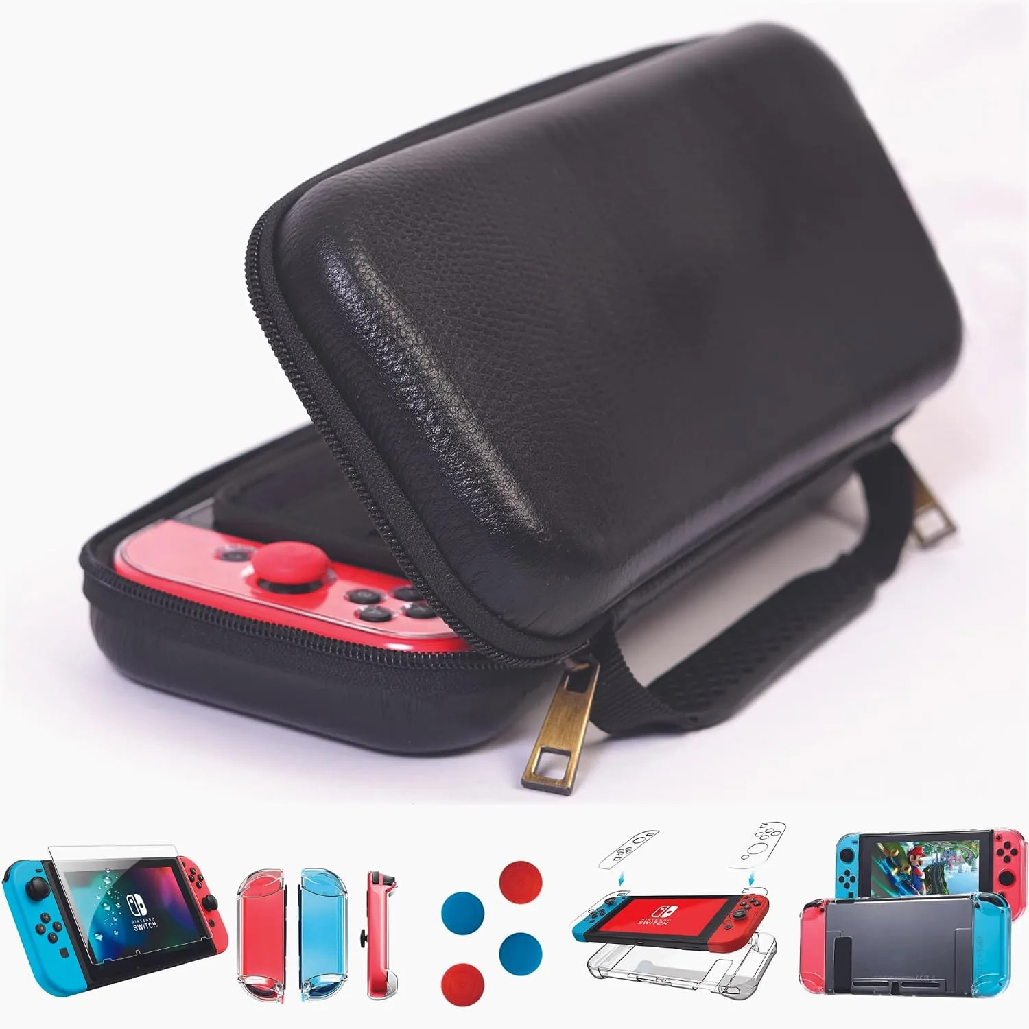 DreamController Limited Edition Genuine Leather Hard Shell Travel Case for Nintendo Switch with 10 Gamecard Slot with Back Protective Dockable Case, 2 Cover, 4 Thumbstick Cap & Screen Protector