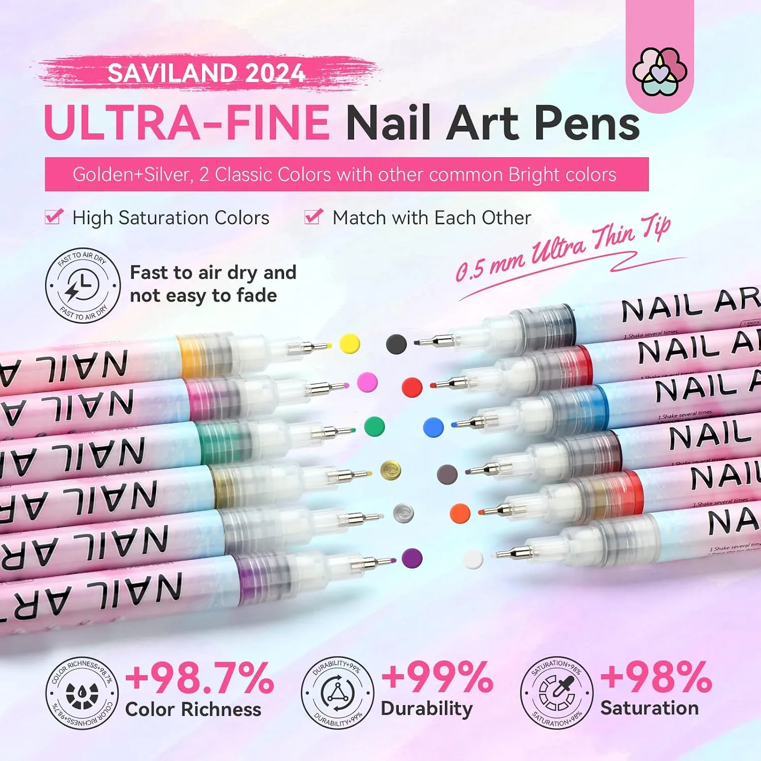 SAVILAND 12 Colors Nail Art Pens Set, 0.5mm Fine Tip Nail Polish Pens