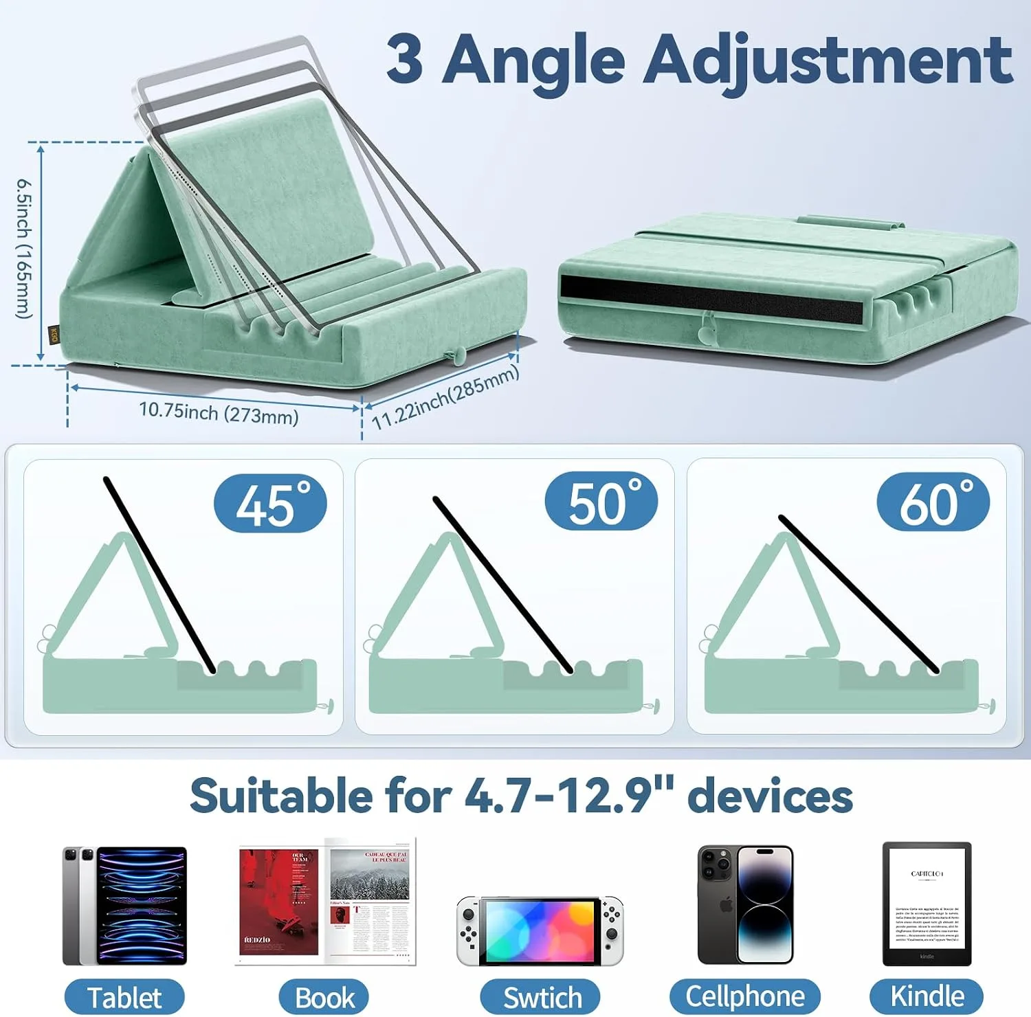 KDD Tablet Pillow Holder, Foldable iPad Stand for Lap, Bed and Desk -Tablet Soft Pad Dock with Pocket & Stylus Mount Compatible with iPad Pro 12.9, 10.5, 9.7 Air Mini 6 5 4 3, E-Reader