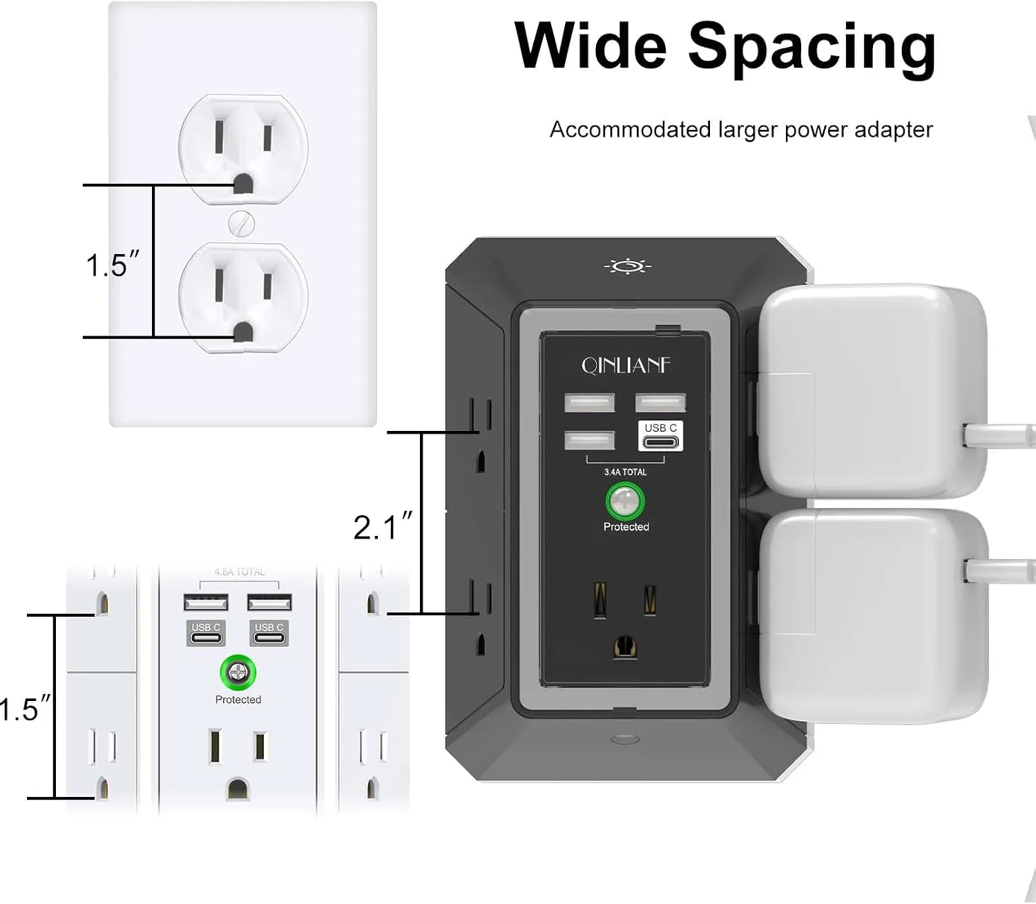 Wall Charger, Surge Protector, QINLIANF 5 Outlet Extender with 4 USB Ports