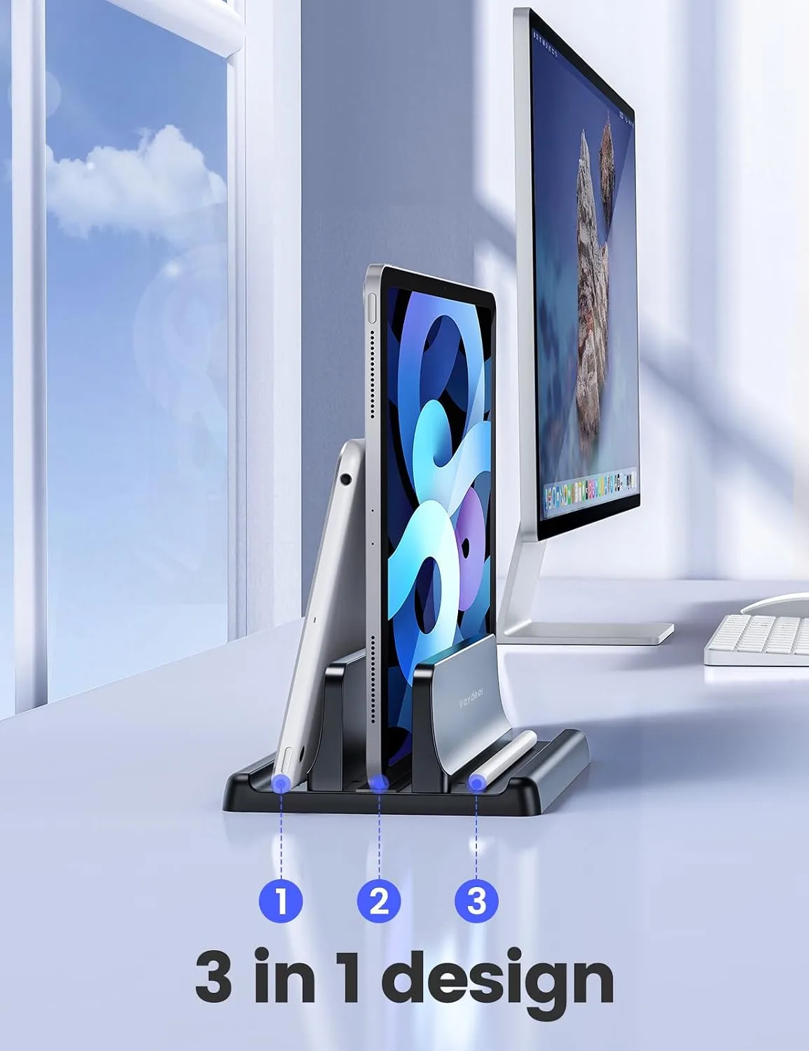 Vaydeer Vertical Laptop Stand Holder Organizer Plastic Adjustable Desktop Notebook Dock Space-Saving 3 in 1 for All MacBook Pro Air,Mac,HP,Dell,Microsoft Surface,Lenovo,up to 17.3 inches (Black)