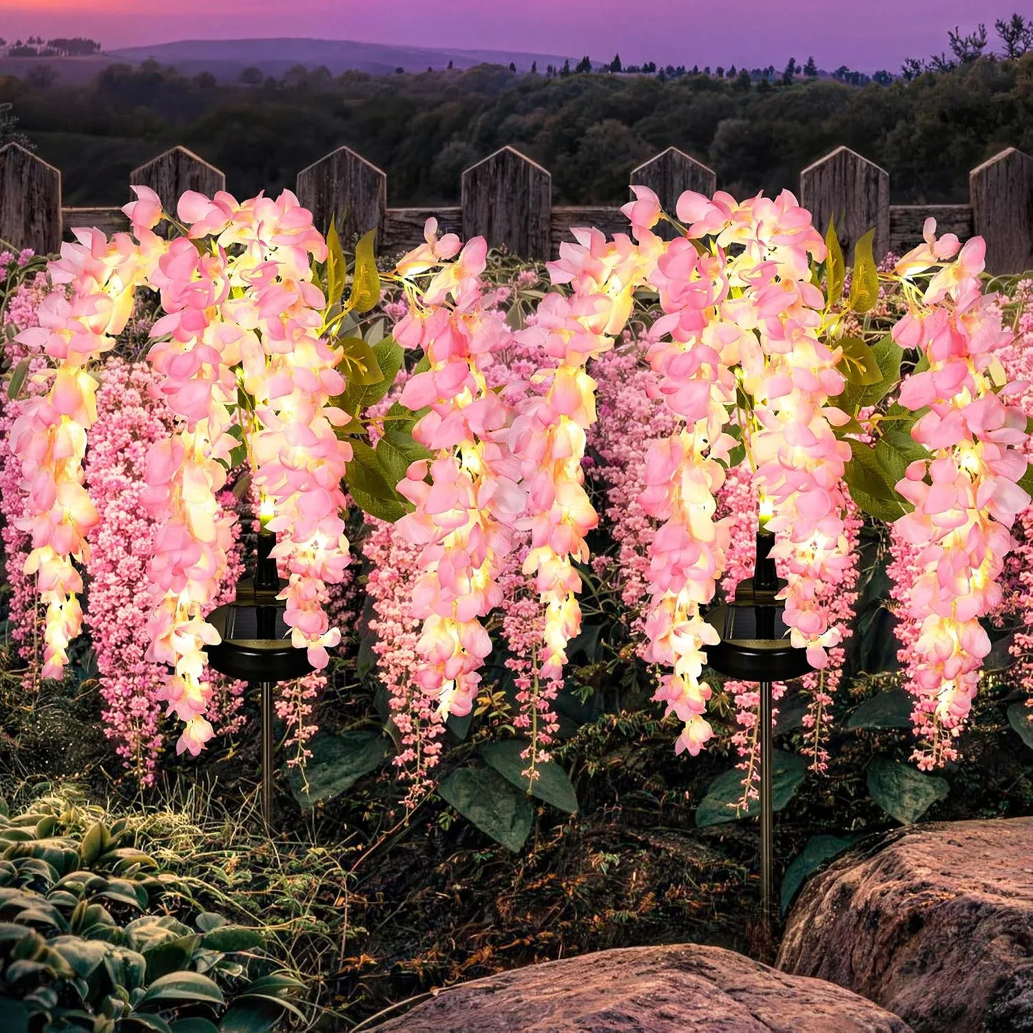 GIGALUMI 2 Pack Solar Wisteria Flowers Outdoor, 2 Modes, Pink