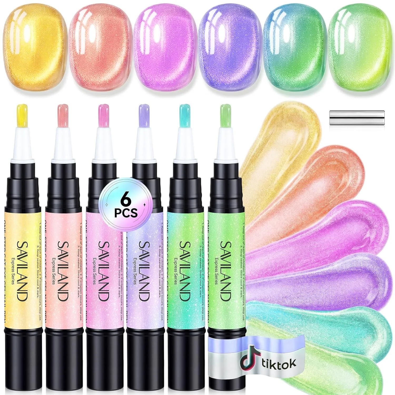 SAVILAND One Step Gel Nail Polish Pen Set, 6 Colors Cat Eye Green Yellow
