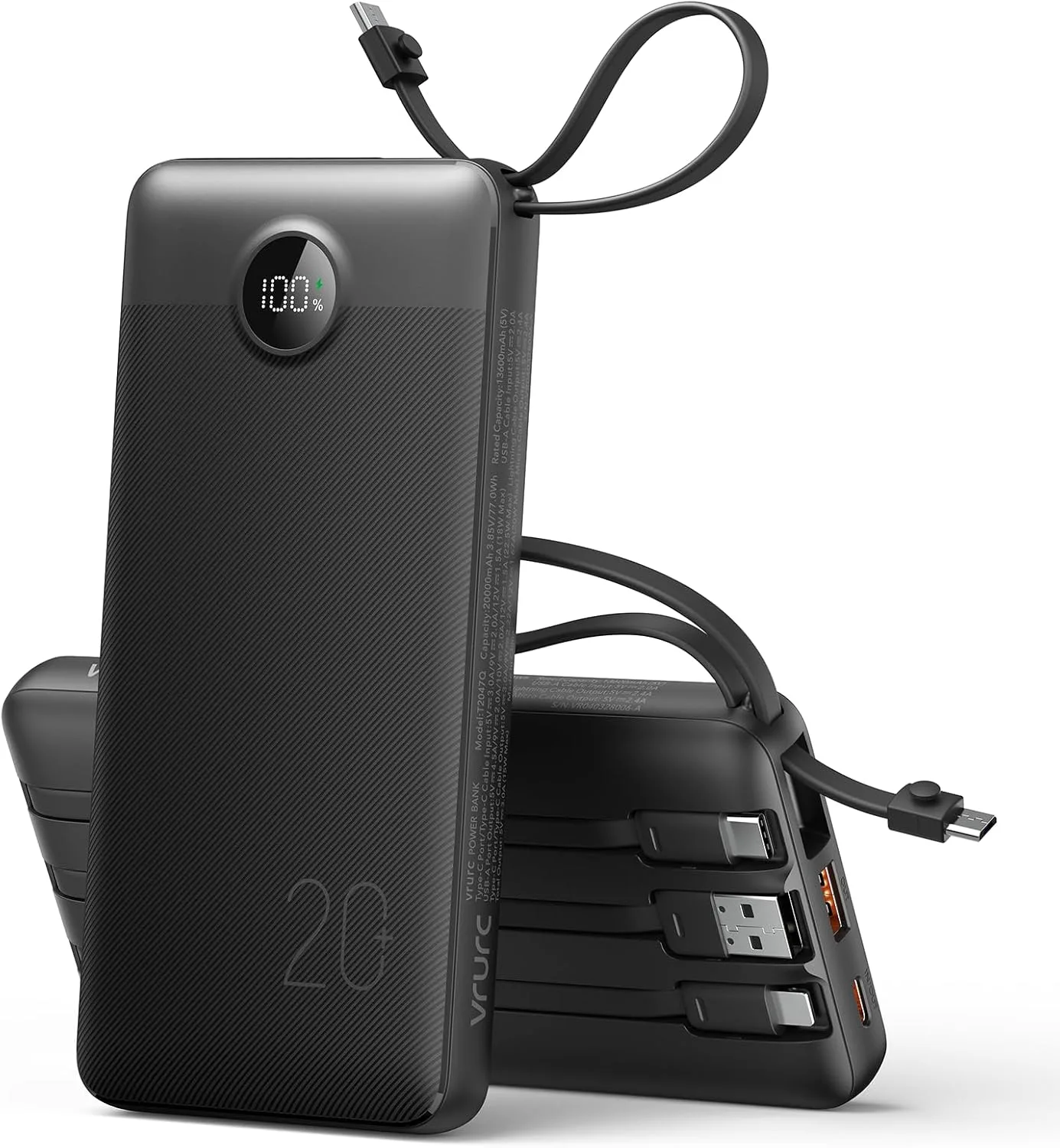 VRURC Portable Charger 4-Built-in-Cables 20000mAh Fast Charging Power Bank