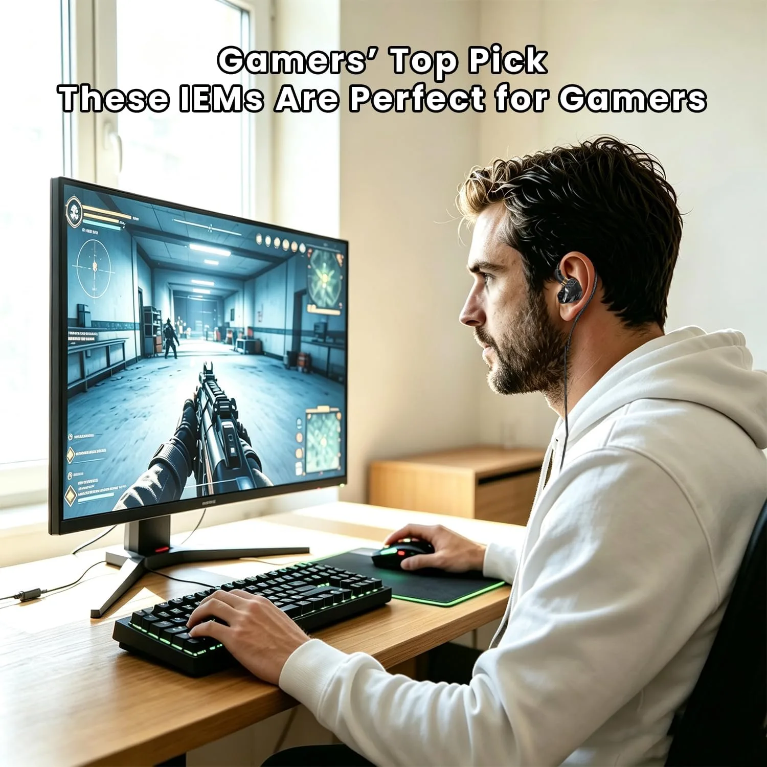 3.5mm Fixed Cable IEM, HiFi Wired Earbuds with Mic, Gaming Earbuds,Black