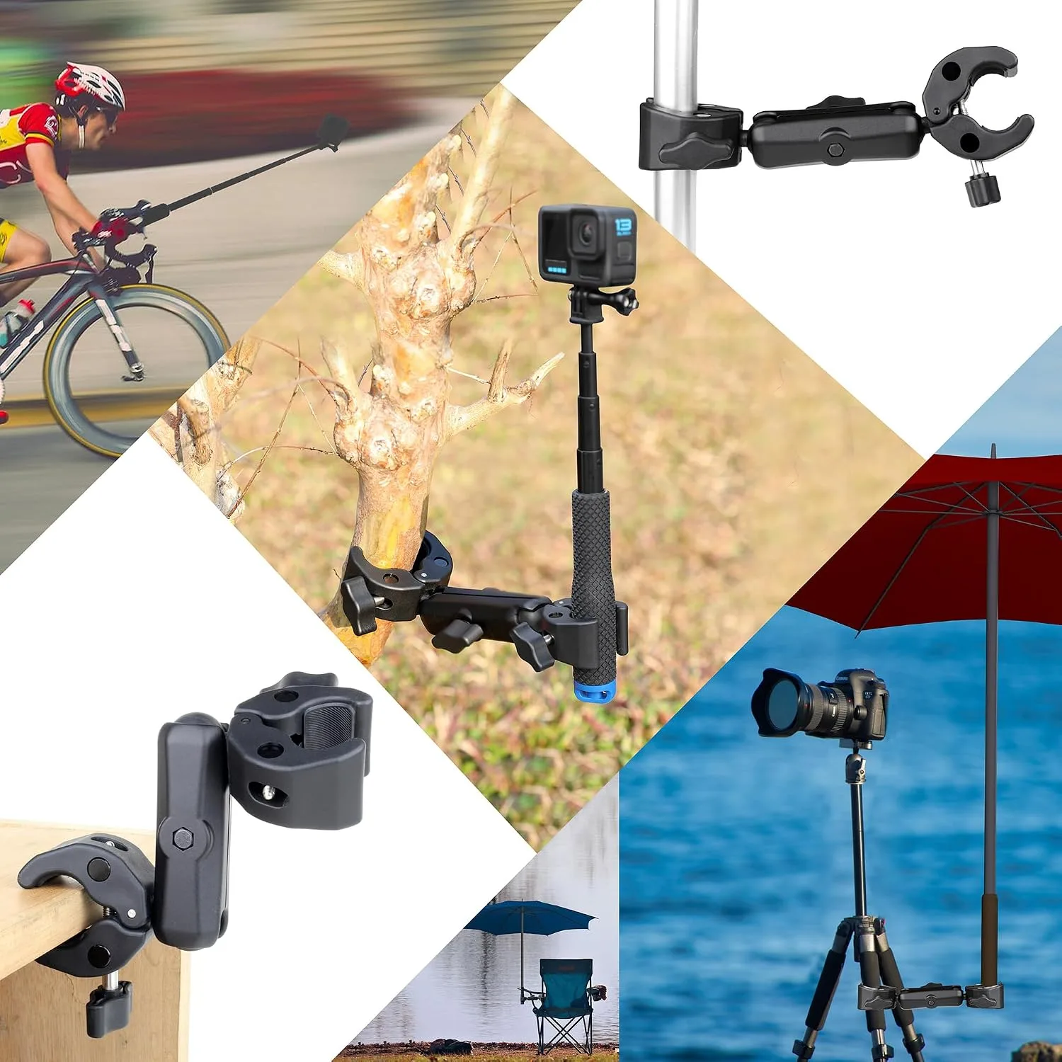 GEPULY 360° Double Super Clamp Mount Umbrella Attachment for Chair Cameras