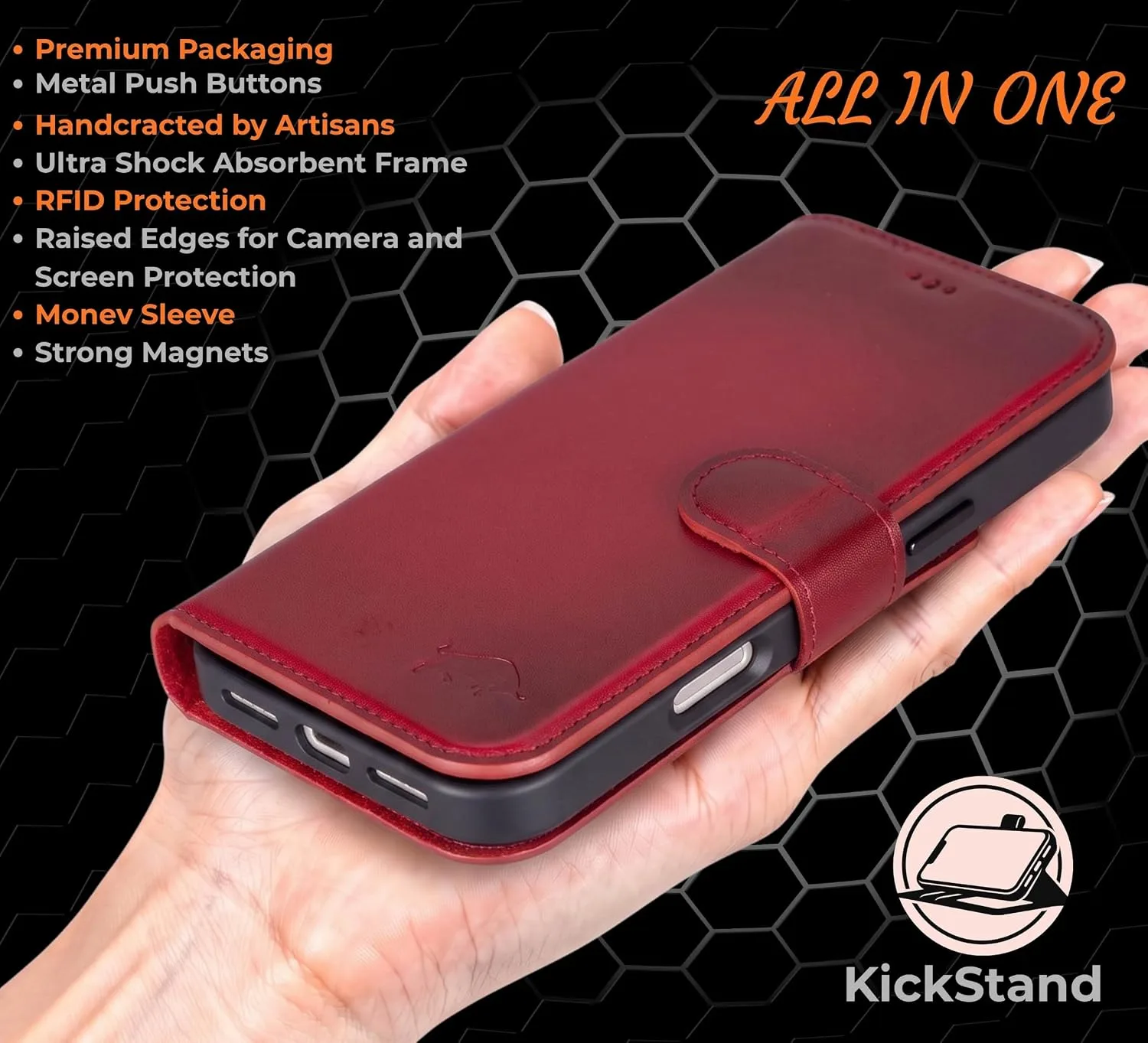 VENOULT Wallet Case for iPhone, Full Grain Genuine Turkish Leather, Magnetic Detachable, RFID 4 Card Slots, Business Style, Compatible with MagSafe (Cranberry, iPhone 17 Pro MAX)