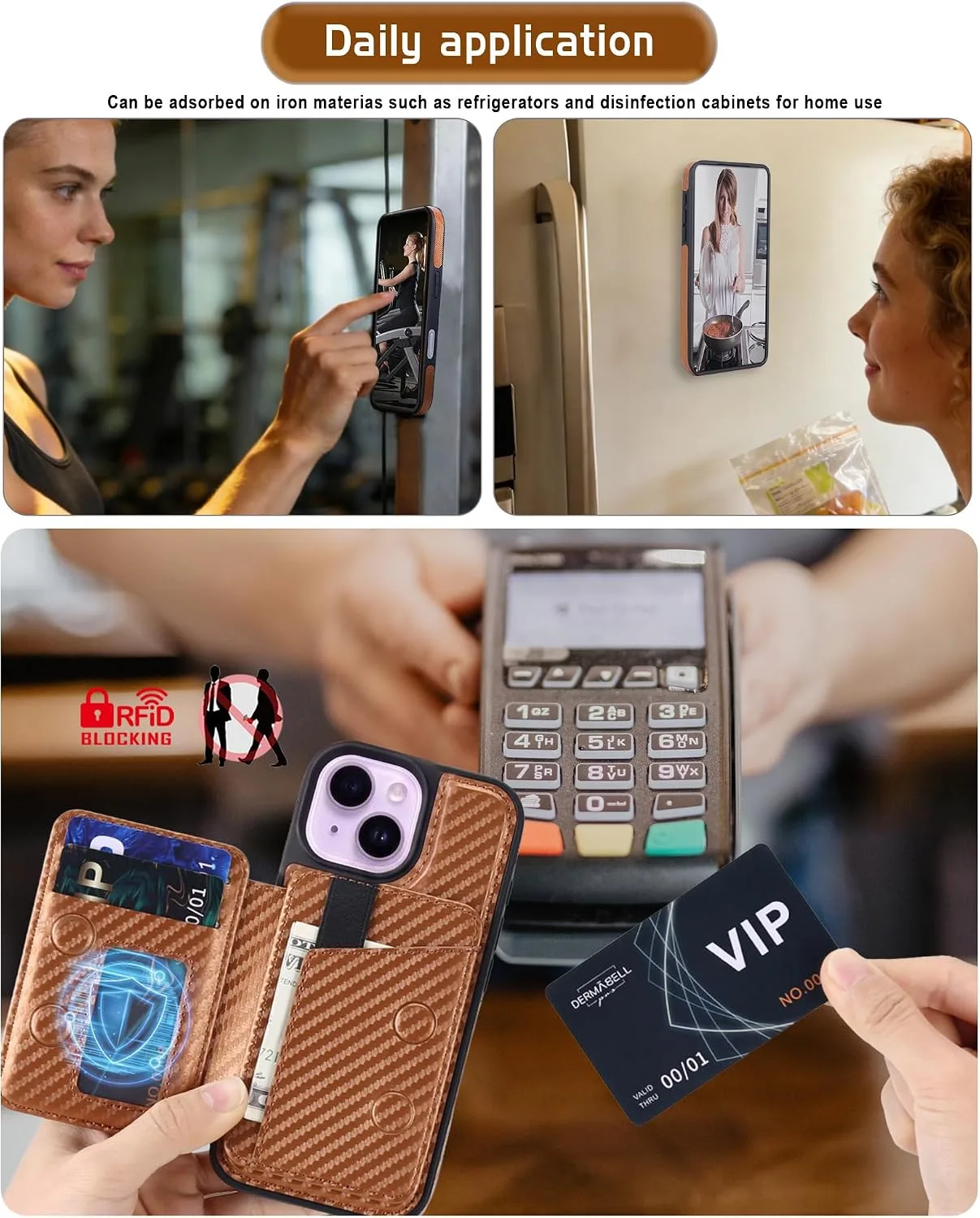 Magnetic Detachable Wallet Case for iPhone 15/14 Plus with Kickstand,2-in-1 MagSafe Compatible RFID Blocking Card Holder,Slim PU Leather Cover Carbon Coffee