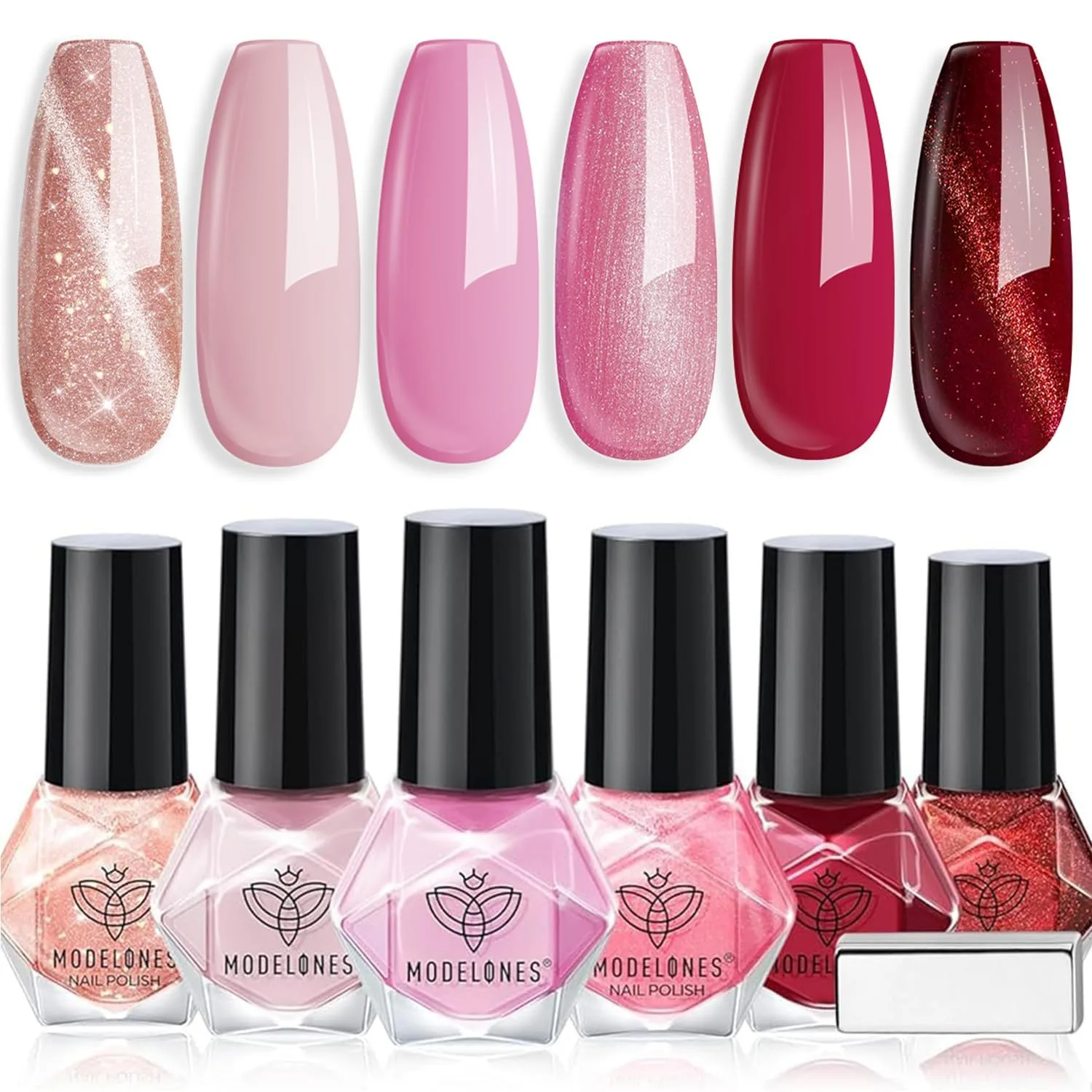 modelones Pink Nail Polish, 6 Colors Red Cat Eye Quick Dry Nail Polish Set
