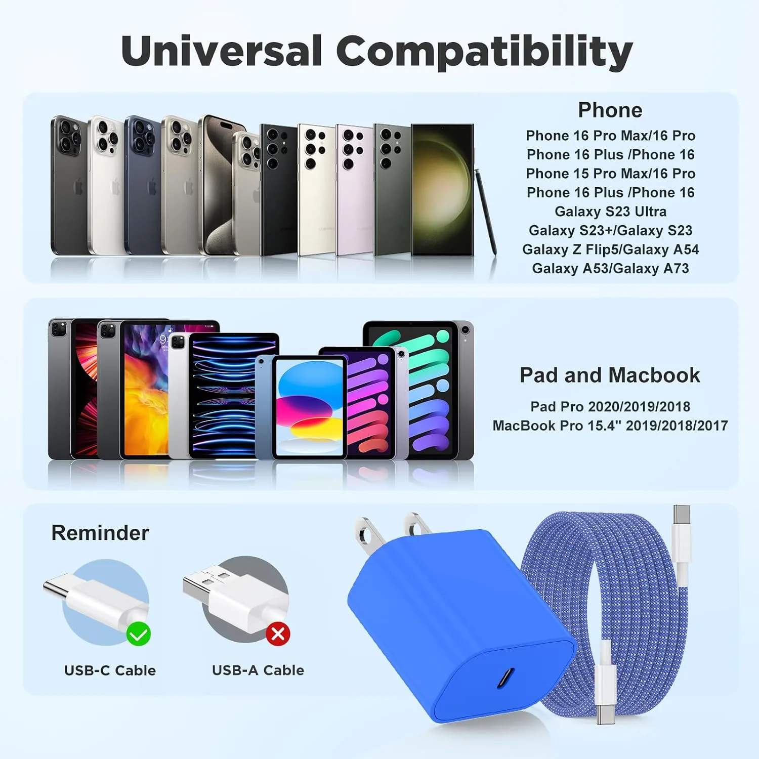 20W USB C Fast Charging for iPhone 17 Air/16/15 Pro Max,3Pack Colorful Mixed Charger Block with Braided Long USB C to C Cables (6/6/10ft) Compatible with iPhone16/15 Pro/15 Plus/iPad Pro