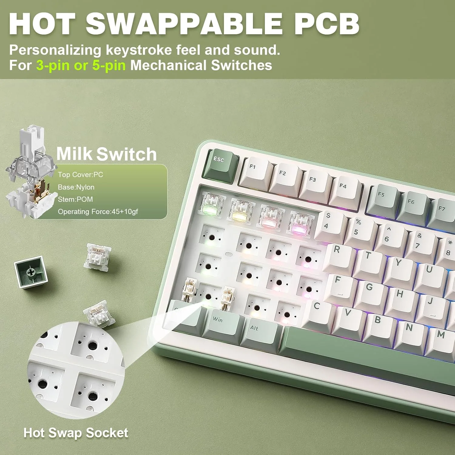 YUNZII B75 PRO 75% Wireless Mechanical Keyboard(Matcha Green,MilkV2)