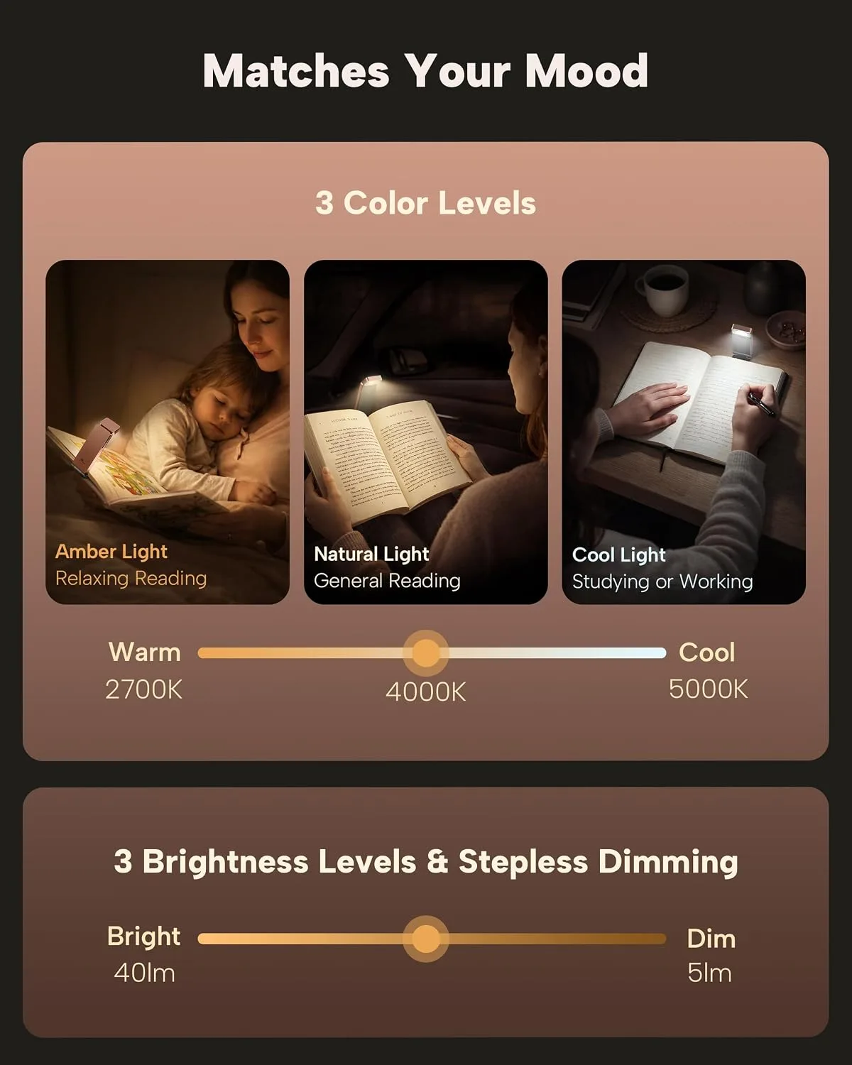 86lux Book Light, Rechargeable Clip-On LED Reading Light for Bed & Night Use - 3 Color Temperatures with Stepless Dimming, Ultralight Bookmark Design for Kids, Book Lovers, Pink Brown