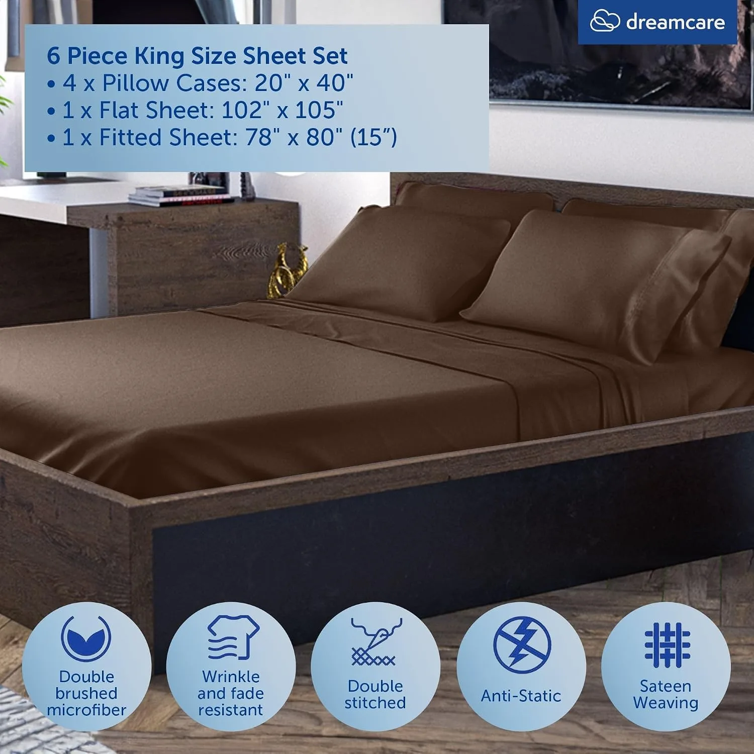 DREAMCARE King Size Sheets Set - 6 pcs Breathable Cooling Sheets King Size