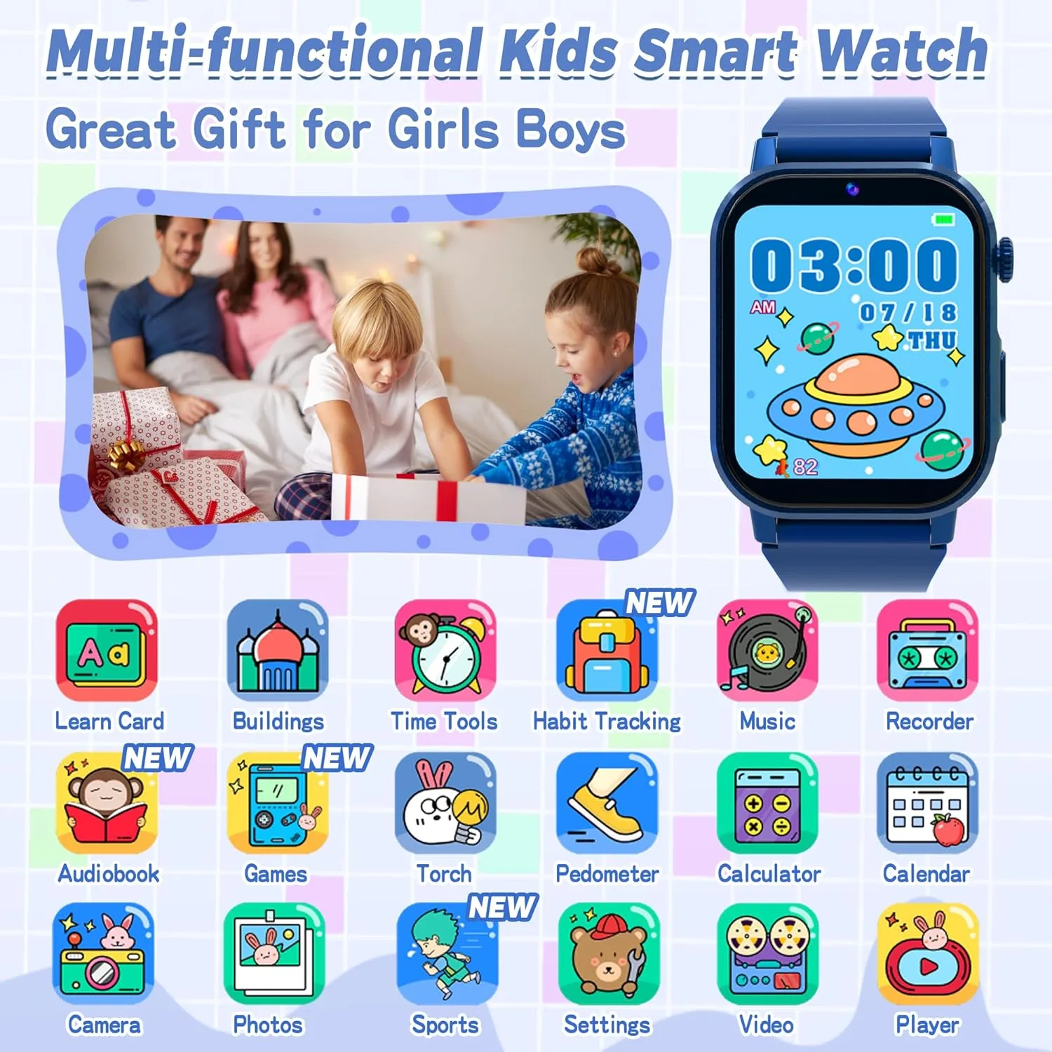 Kids Smart Watch Boys Ages 3-12 with 32 Puzzle Games, HD Camera, Pedometer