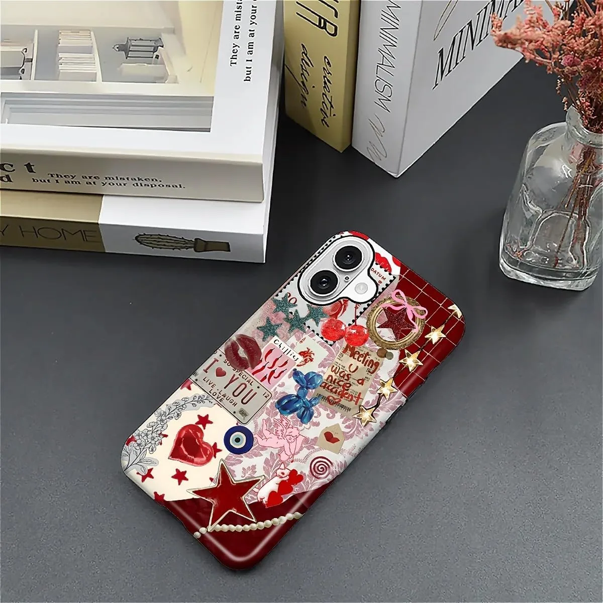 DAIZAG Case for iPhone 16,Mixed 2 Layer Design Shockproof Soft TPU Ddouble Protection Phone Case for iPhone 16-Conch Red Pearl Collage