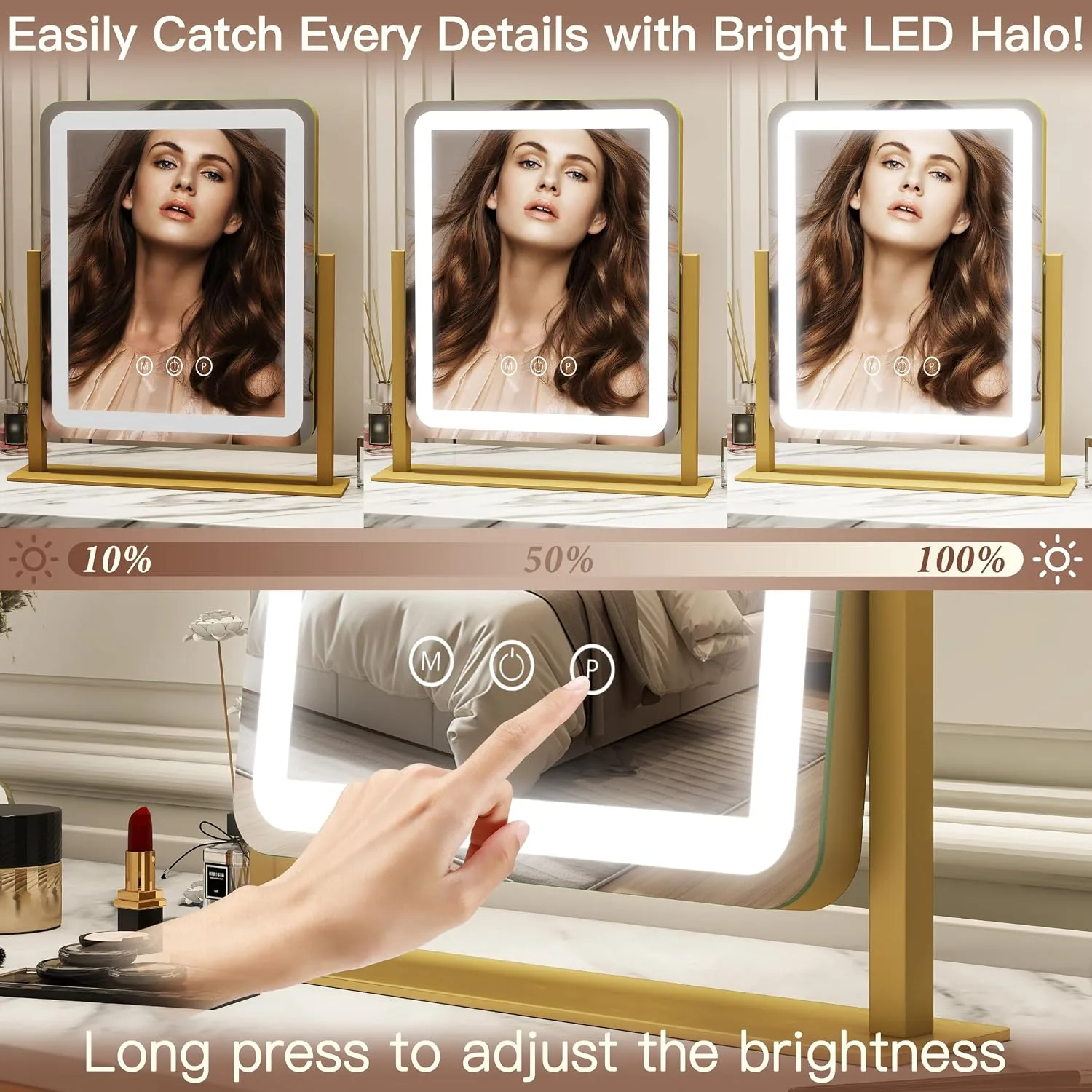 FENNIO Vanity Mirror with Lights - 15"x12.6" LED Lighted Makeup Mirror, Large Makeup Mirror with Lights, Touch Screen with 3-Color Lighting, Dimmable, for Vanity Desk Tabletop, Bedroom Gold