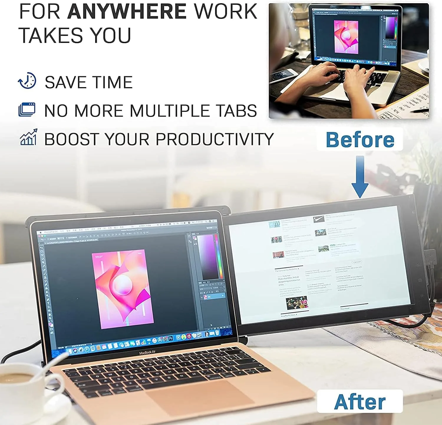 Trio Portable 12.5" Full HD IPS Display for Laptops, Dual-Side Sliding, USB A/Type-C Plug and Play (1 x 12.5 Monitor)
