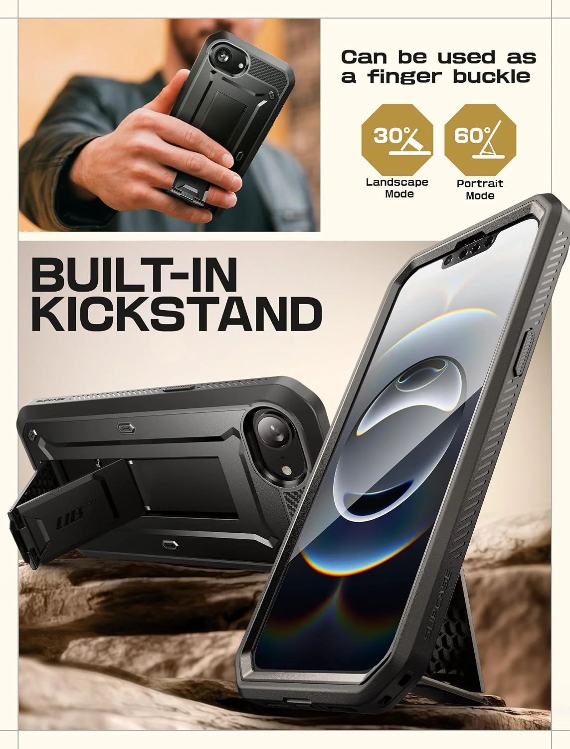 SUPCASE for iPhone 17e/16e Case with Stand & Screen Protector, Black