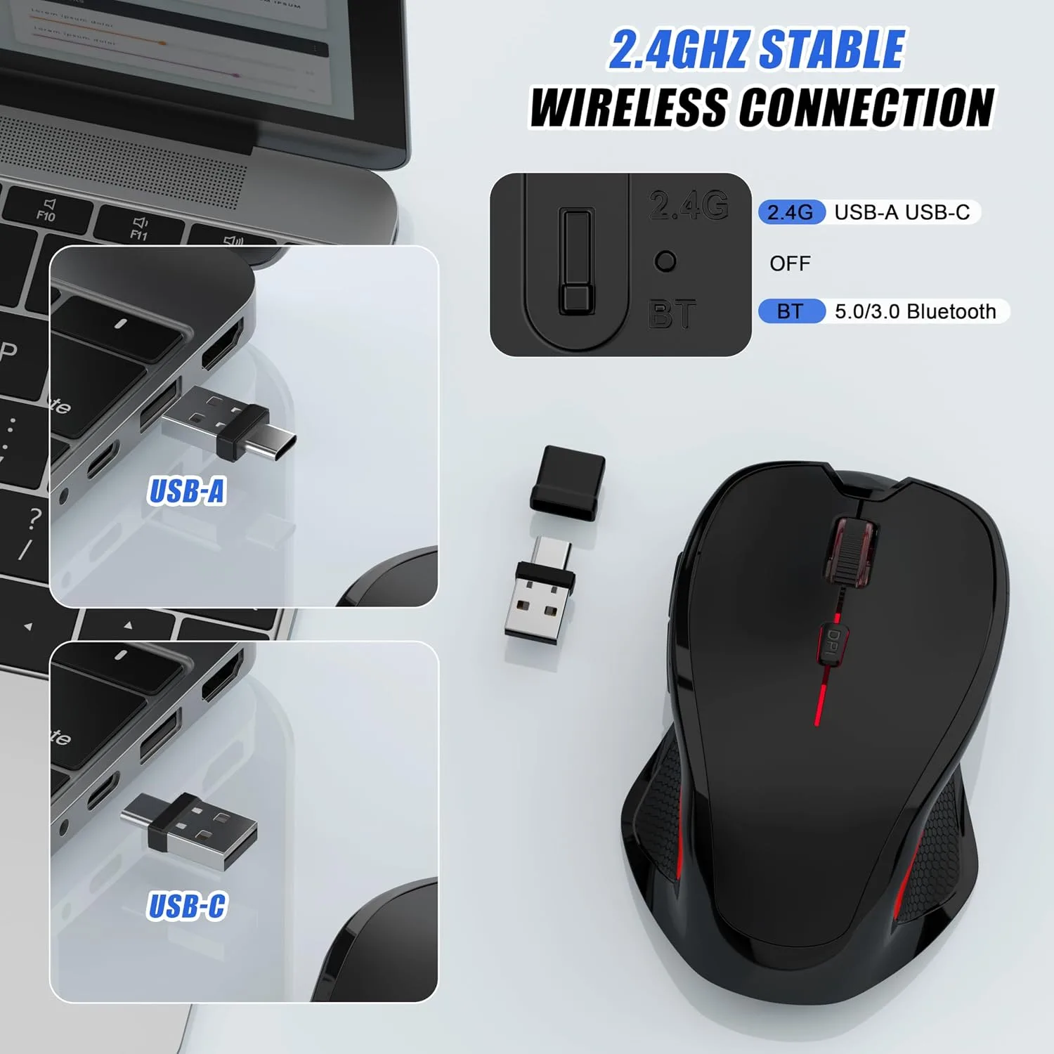 Wireless Bluetooth Mouse for Mac Pro MacBook Air, Rechargeable Mice with Jiggler Mouse, 3 Mode Switch Bluetooth 5.2/3.0 & 2.4G USB-A/USB-C Receiver, Optical Silent Mouse for iPad PC Laptop, Black
