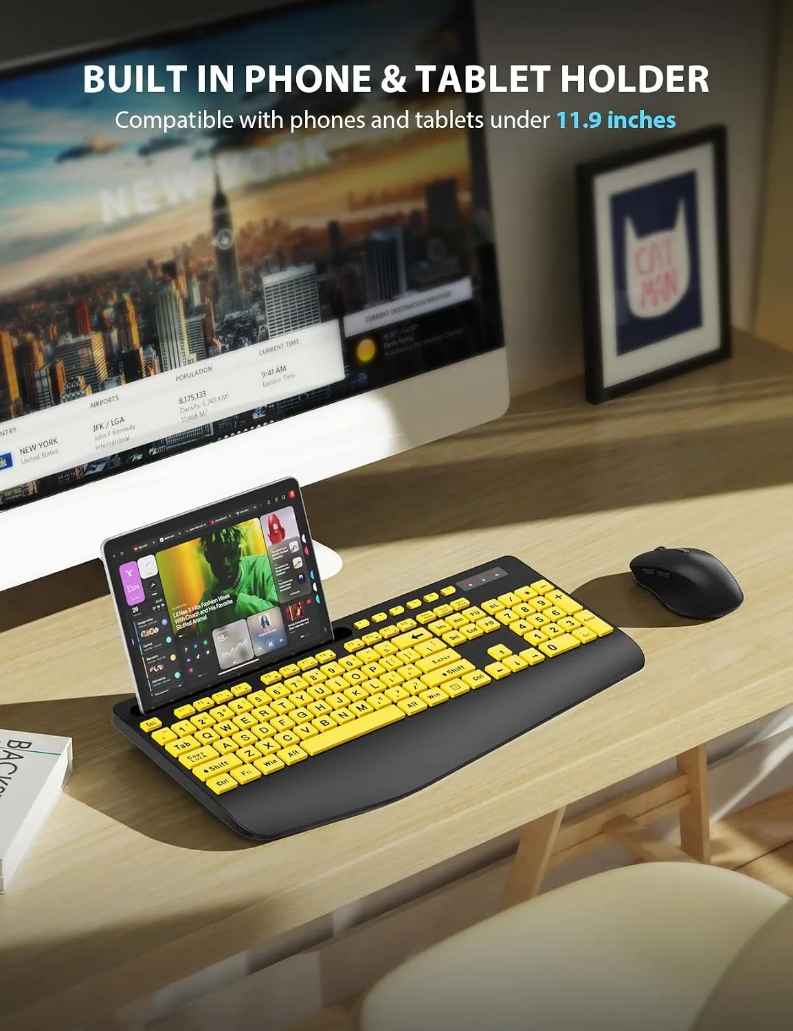 Wireless Keyboard and Mouse Combo - Large Print Ergonomic Keyboard with Wrist Rest, Phone Holder, Sleep Mode, Silent 2.4GHz Keyboard Mouse Set for Computer, Laptop, PC, Mac, Windows - Trueque