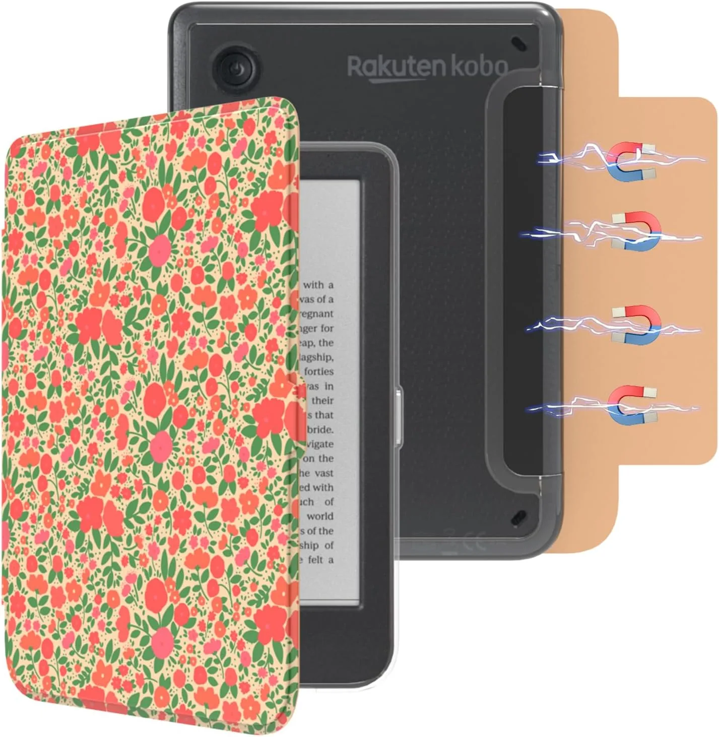 E NET-CASE Detachable Magnetic Case for 6" Kobo Clara Colour (2024) /Clara BW (2024) /2E (2022) eReader, Ultra Clear Back Scratch-Proof Light丨Easy to Detach & Attach丨Auto Sleep/Wake (Orange Flower)