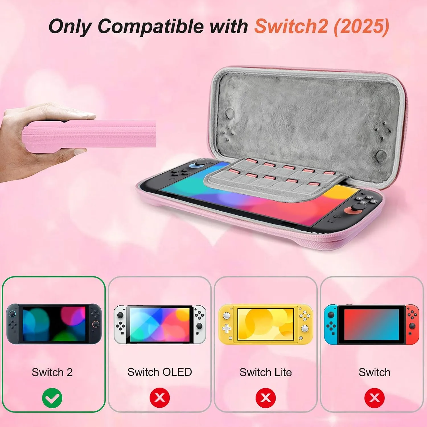 Cute Travel Carrying Case for Switch 2 2025 with Silicone j-con Covers, Thumb Grip Caps, Screen Protector, Love Heart Strap and Embroidery stickers for Girls Women, Pink