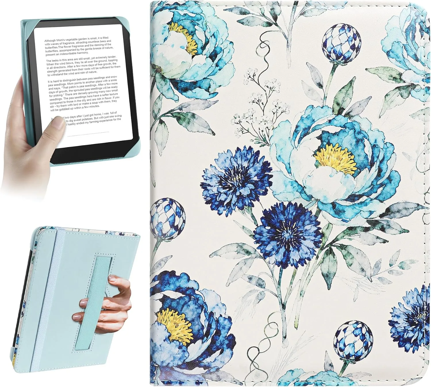 HoYiXi Universal Case for 6 inch Kindle eReader Compatible with Paperwhite(2015/2018)/Pocketbook and Tolino/Kobo Clara HD,6" eReader Protective Case Cover Elastic Rope,Flowers 2