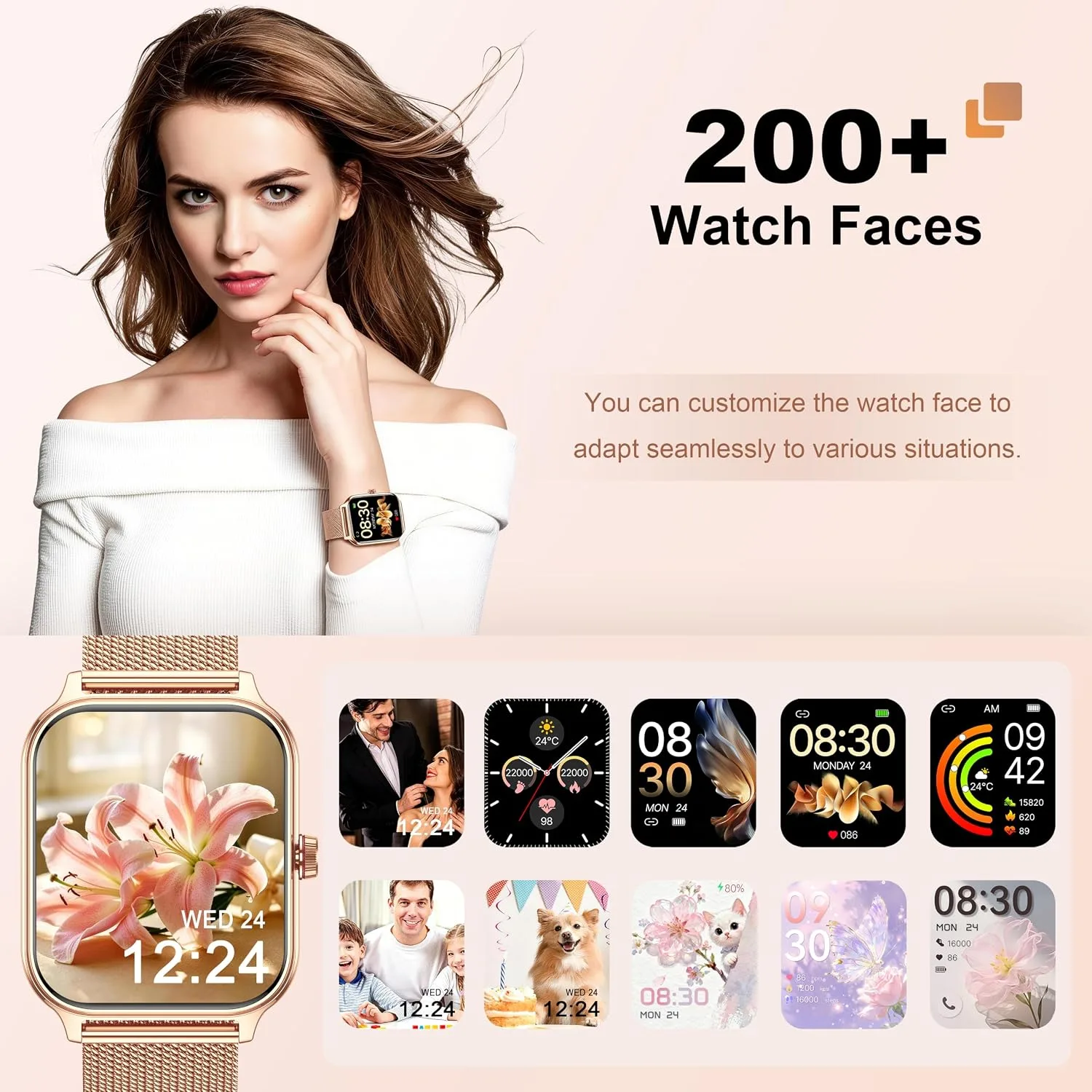 Smart Watch Women Men, 1.96" Reloj Inteligente para Mujer, Fitness Tracker, Blood Pressure/Heart Rate/SpO2 & Sleep Monitor, 110+ Sport Modes, Make/Answer Call, Voice Assistant for iOS Android