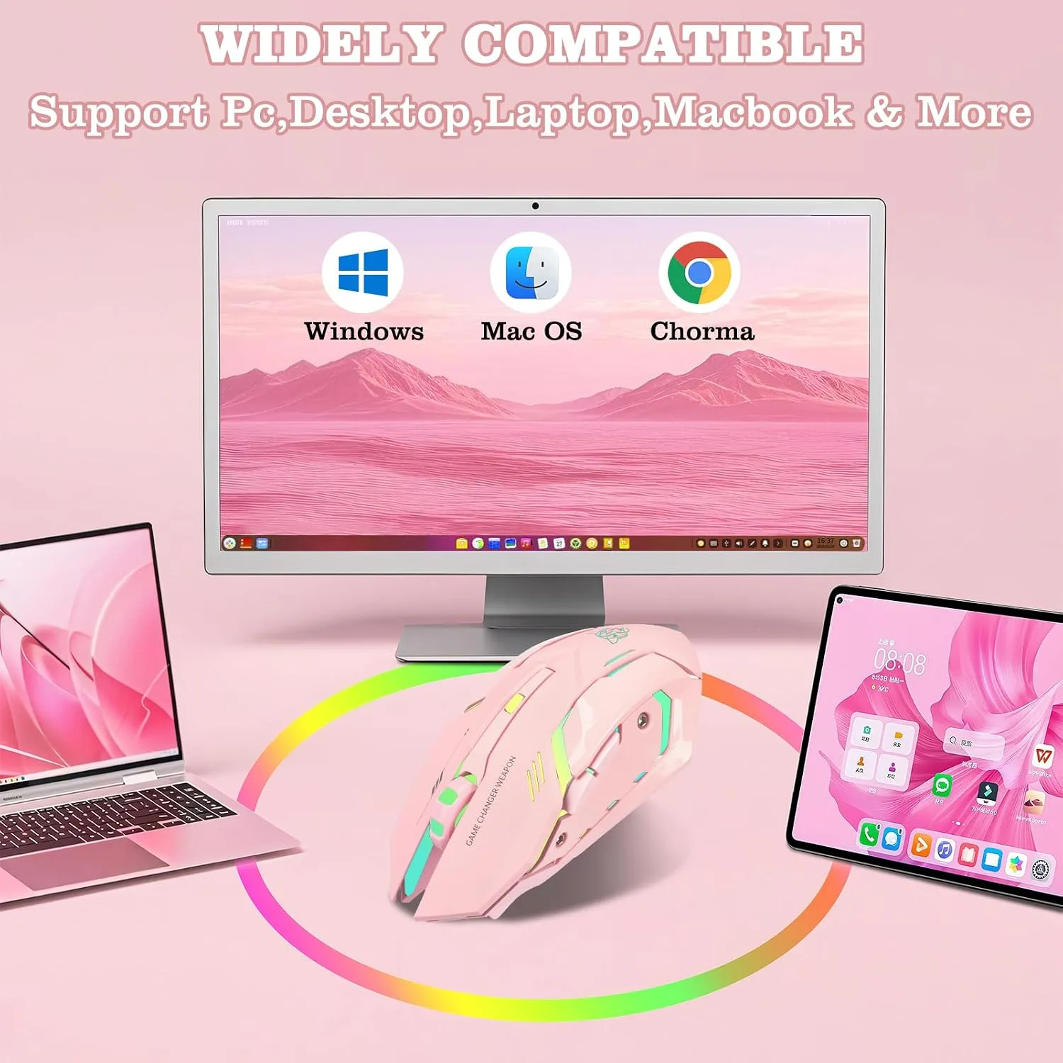 Wireless Gaming Mouse,Rechargeable Computer Mouse with Type-C Fast Charging, Ergonomic Mouse with 3 Adjustable DPI, 6 Silent Buttons, LED Light, Long Battery Life for Laptop, PC, Mac (Pink)