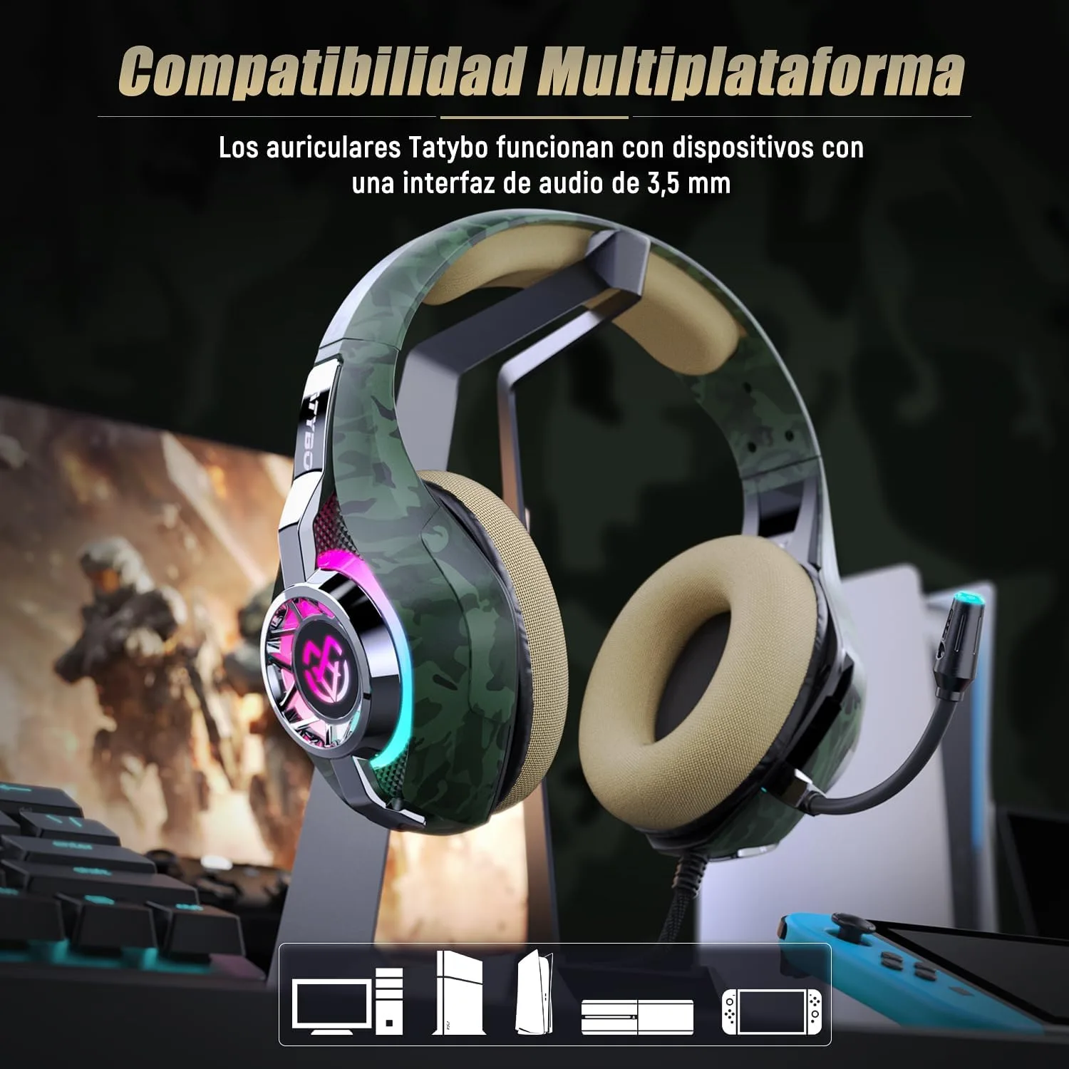 Tatybo Gaming Headset for PS5 PC, Noise Canceling Mic, RGB, Camo