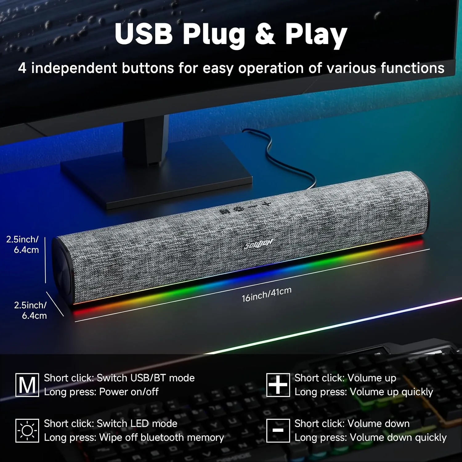 SOULION Bluetooth Computer Speakers for Desktop PC, USB Plug & Play