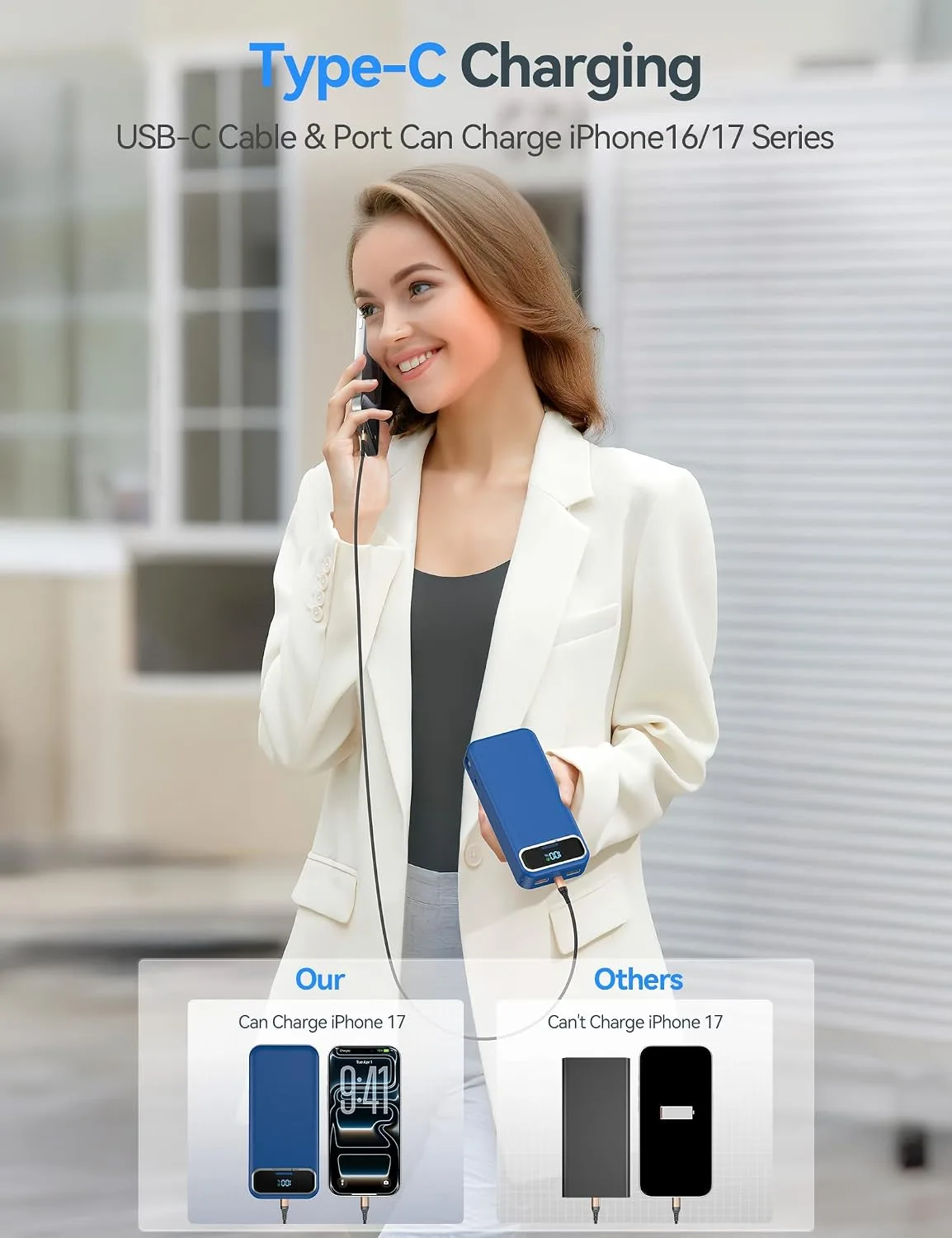 aonidi Portable Charger 20000mAh with Built-in Cables&AC Wall Plug, Navy