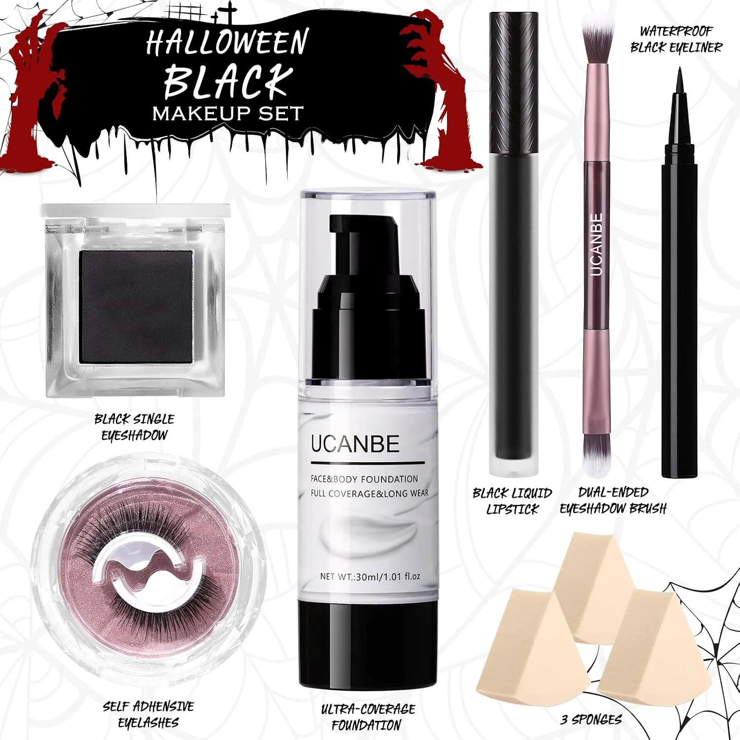 UCANBE Halloween Makeup Kit – Black Eyeshadow, White Liquid Foundation, Black Liquid Lipstick & Eyeliner, Self Adhensive Eyelashes, Brush & Sponges Makeup Set for SFX Cosplay Skeleton Skull Demon