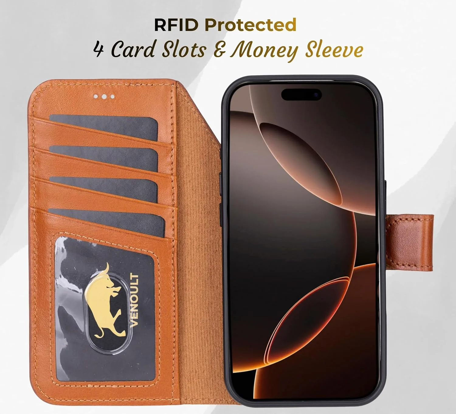 VENOULT Wallet Case for iPhone 17 Pro, Full Grain Genuine Turkish Leather, Magnetic Detachable, RFID Protected 4 Card Slots, Business Style, Compatible with MagSafe, Handmade (Chestnut)