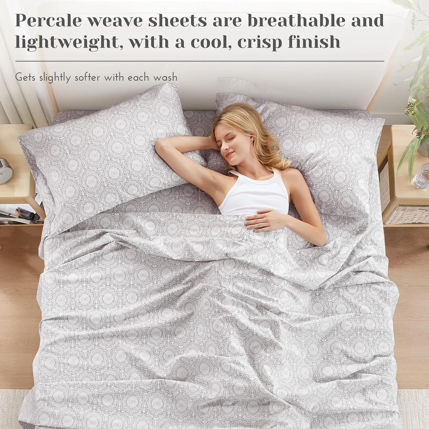 Comfort Spaces 100% Cotton Percale Sheets Queen Size 4 Pcs, Adelia Gray