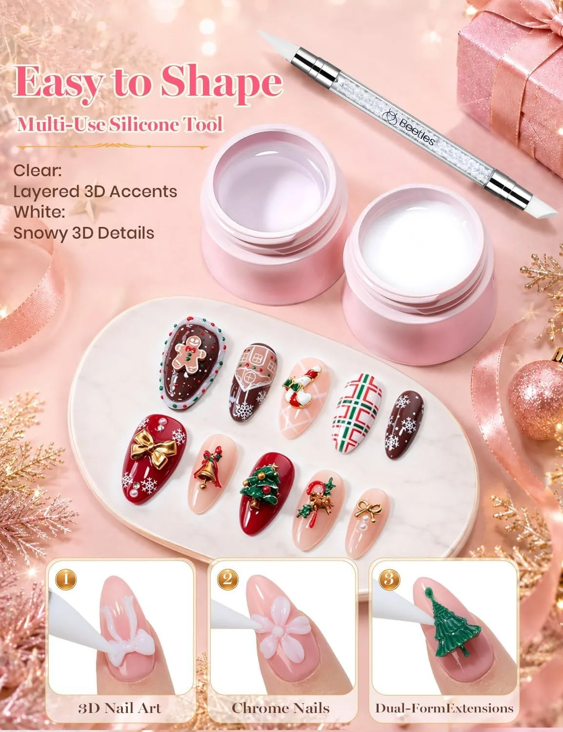 Beetles 3D Gel Nail Art Clear White Frosted Noël Christmas Miracle Express