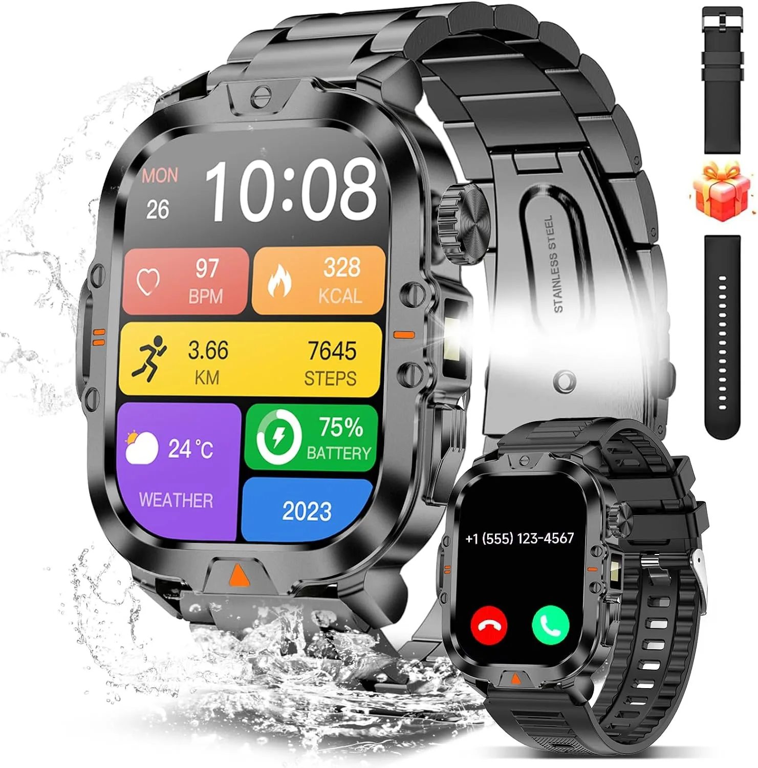 Smart Watch for Men Military Answer/Make Call 2.01″ Display 170+ Sports Modes Fitness Smart Watch IP68 Waterproof 30 Days Standby Smartwatch for Android iOS Black (2 Straps)
