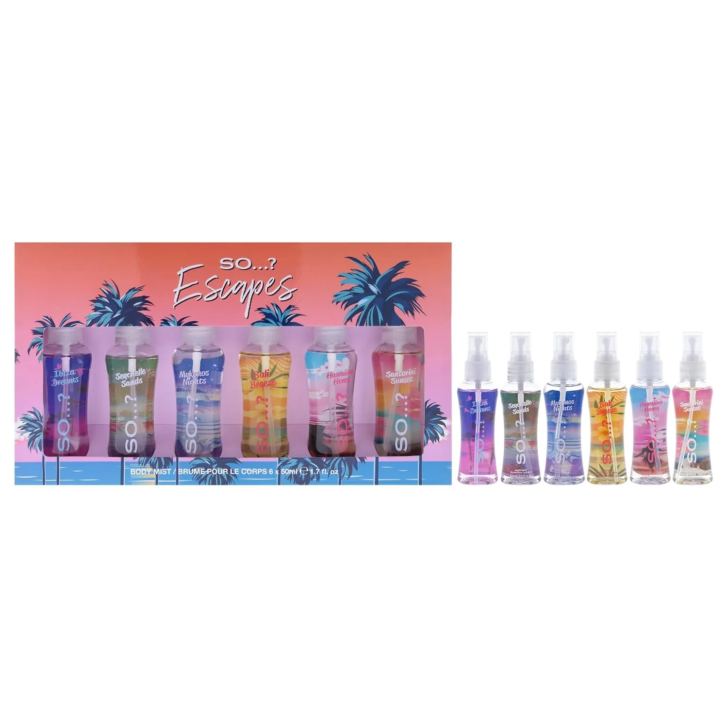 Escapes Body Mist Set by So…? For Women - 6 Pc 1.7oz Body Mists - Ibiza Dreams, Mykonos Night, Bali Breeze, Seychelle Sand, Hawaiin Honey, Santorini Sunset