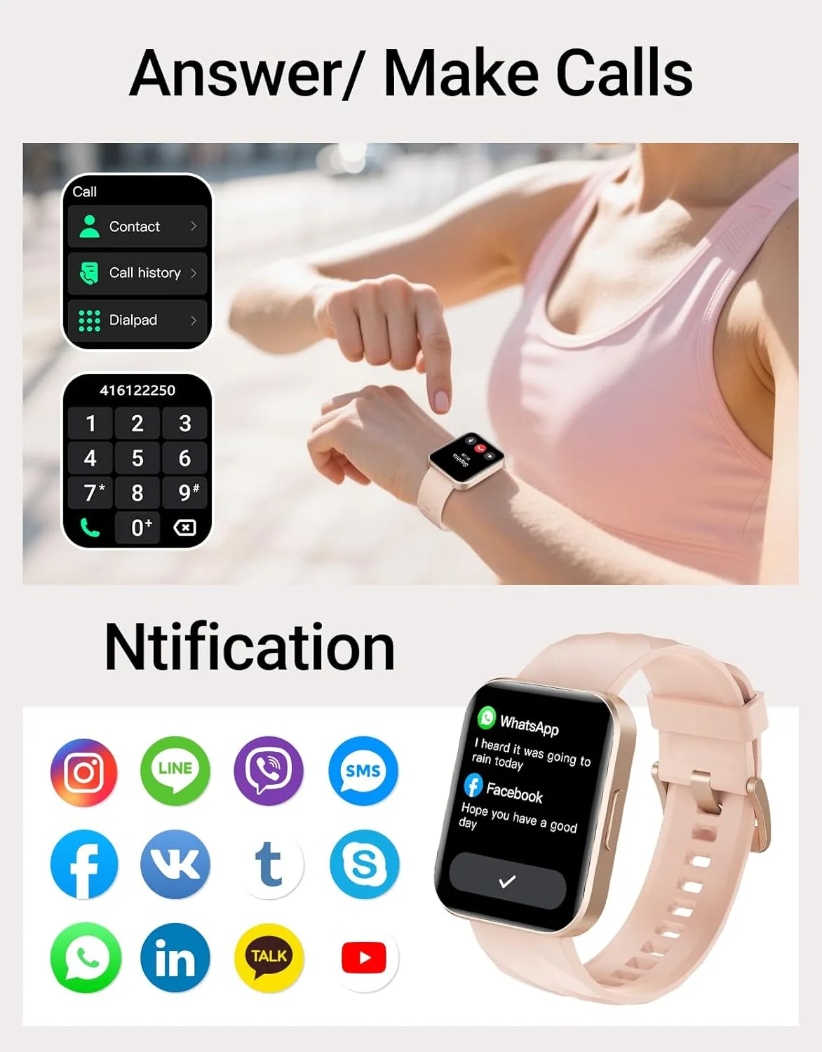 Smart Watch for Women, Answer/Make Calls, for iPhone/Android Phone Pink