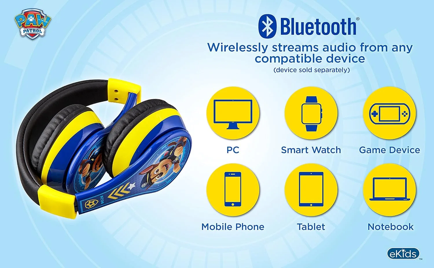 EKIDS - PAW Patrol Chase Bluetooth Headphones for Kids, Wireless Headphones for SC