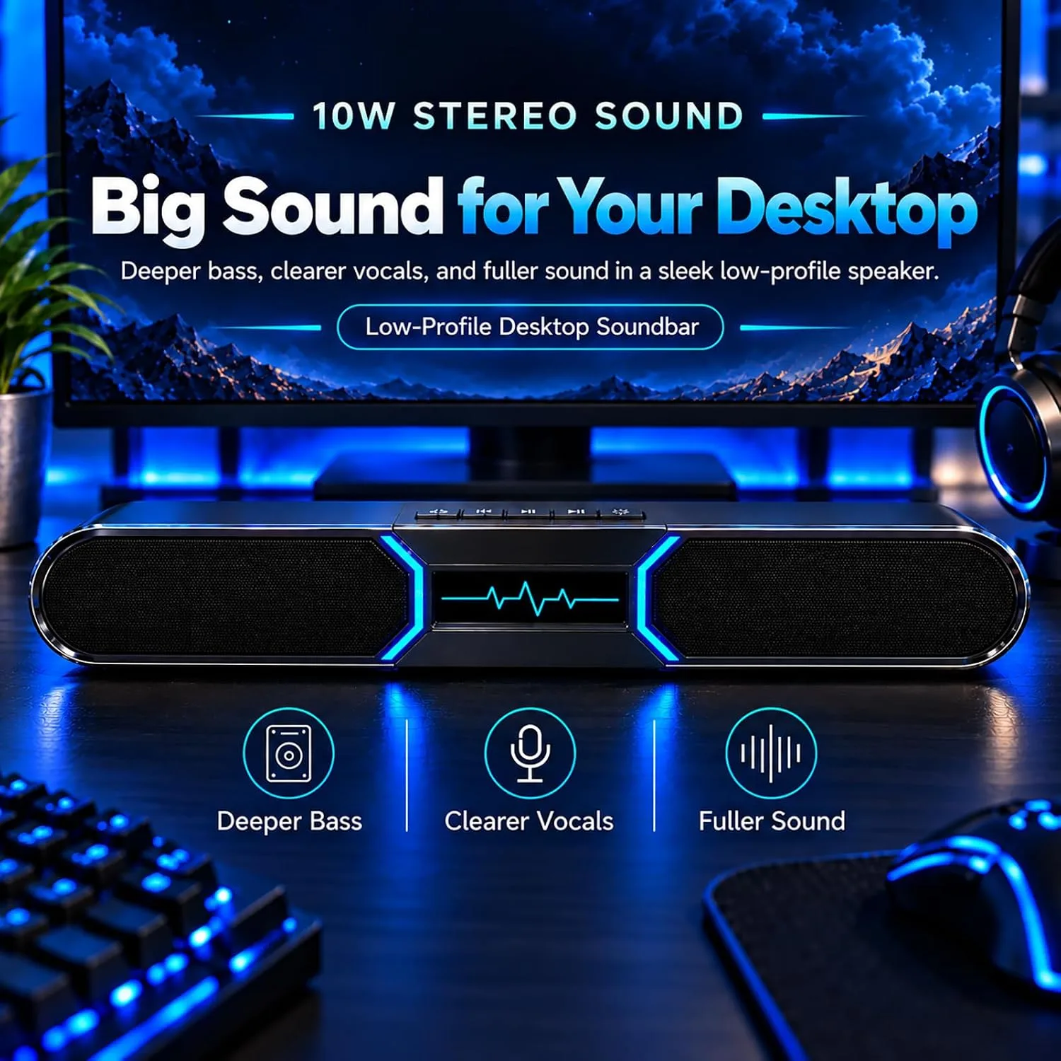 Computer Speakers for Desktop PC, Bluetooth PC Soundbar with Dual Bass Reflex for Monitor, USB Powered RGB Gaming Speakers with USB Wired Input, Stereo Sound for Laptop, Tablet and Desktop Setup