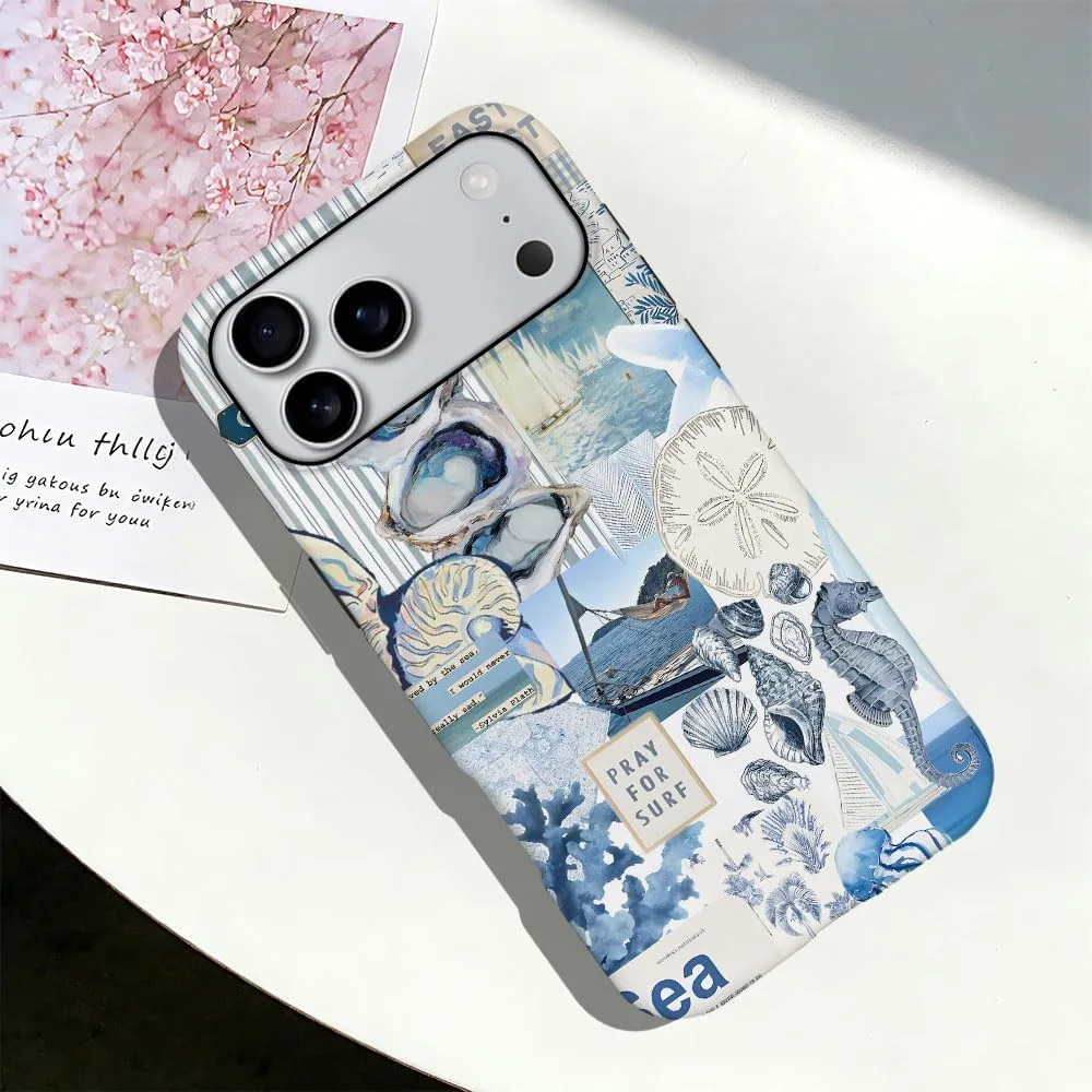 Case Compatible with iPhone 18 Pro Max/iPhone 17 Pro Max,Fall Prevention Hybrid 2-Layer Hard Shell Phone Cover for Girls Boys,Seashell Ocean Blue Retro Collage