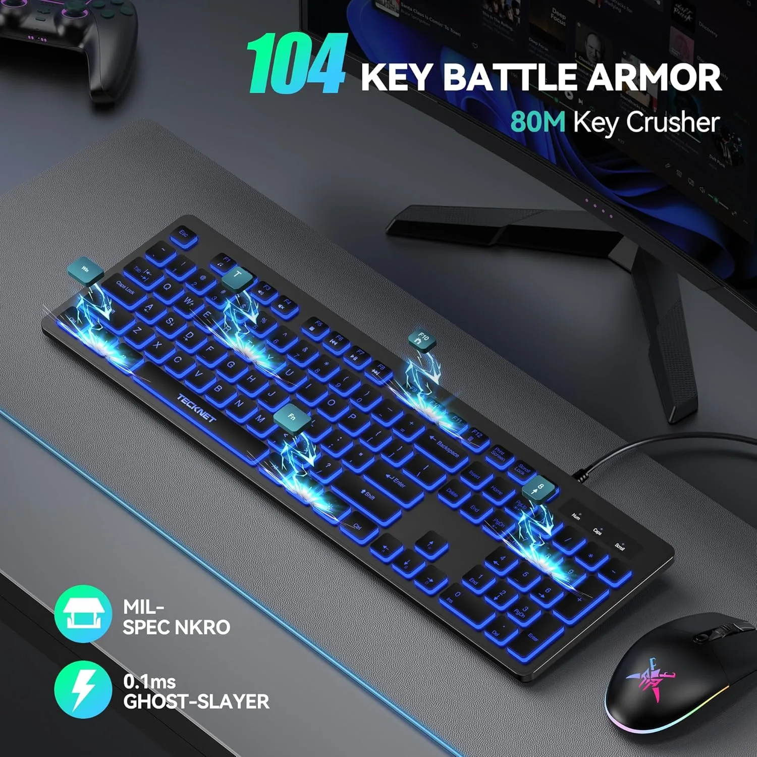 TECKNET Wired Keyboard, Silent Typing, Full-Size Layout,RGB Backlit