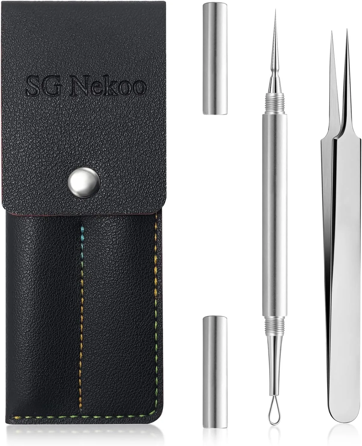 SGNEKOO Professional Facial Milia Removal Tool and Whitehead Extractor,Titanium Alloy Double Ended Needle and Steel Tweezers Kit,Blackhead,Blemish,Zit and Pimple Acne Remover Popper (Stainless Silver)