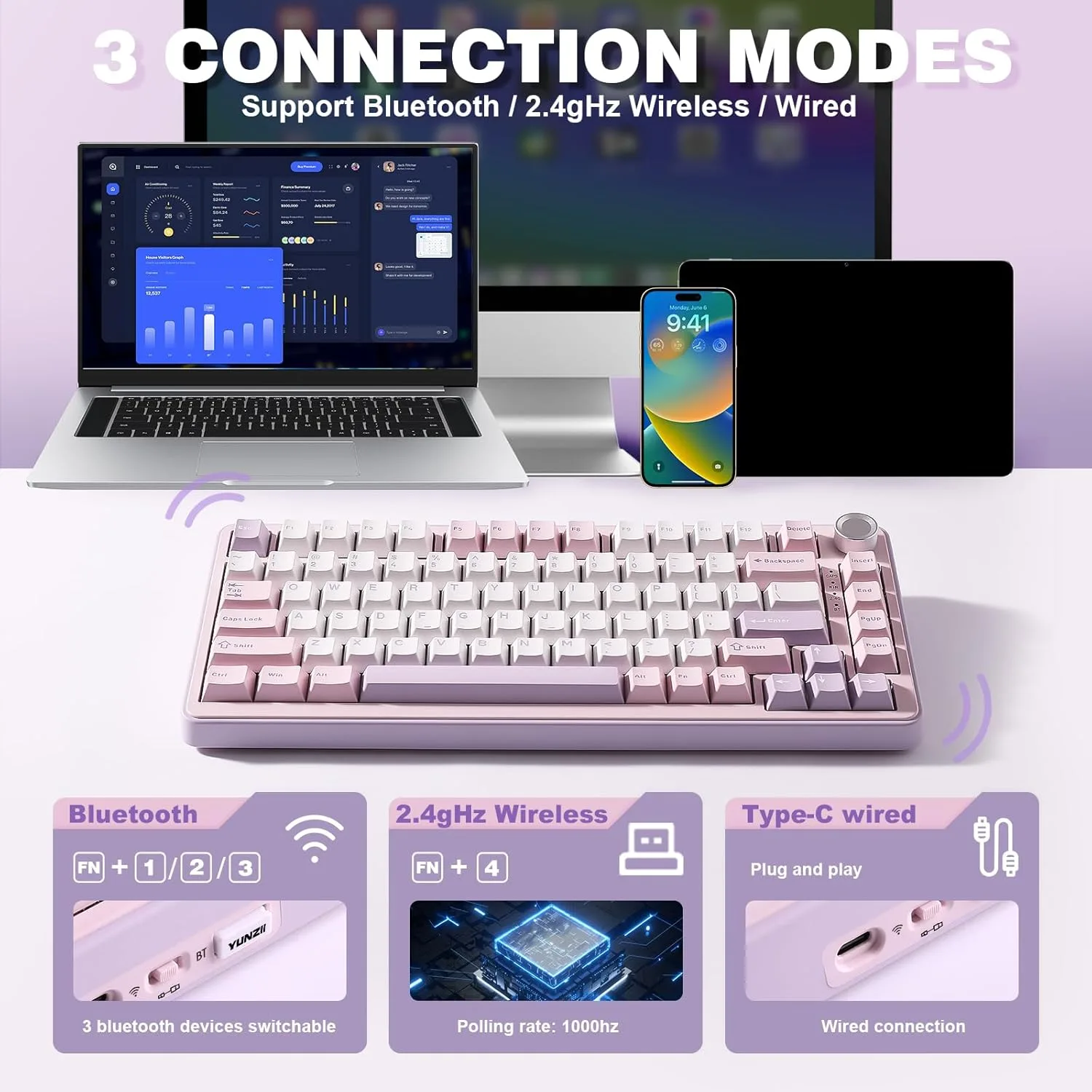 YUNZII B75 PRO 75% Wireless Mechanical Keyboard (Purple, Cocoa Cream V2)